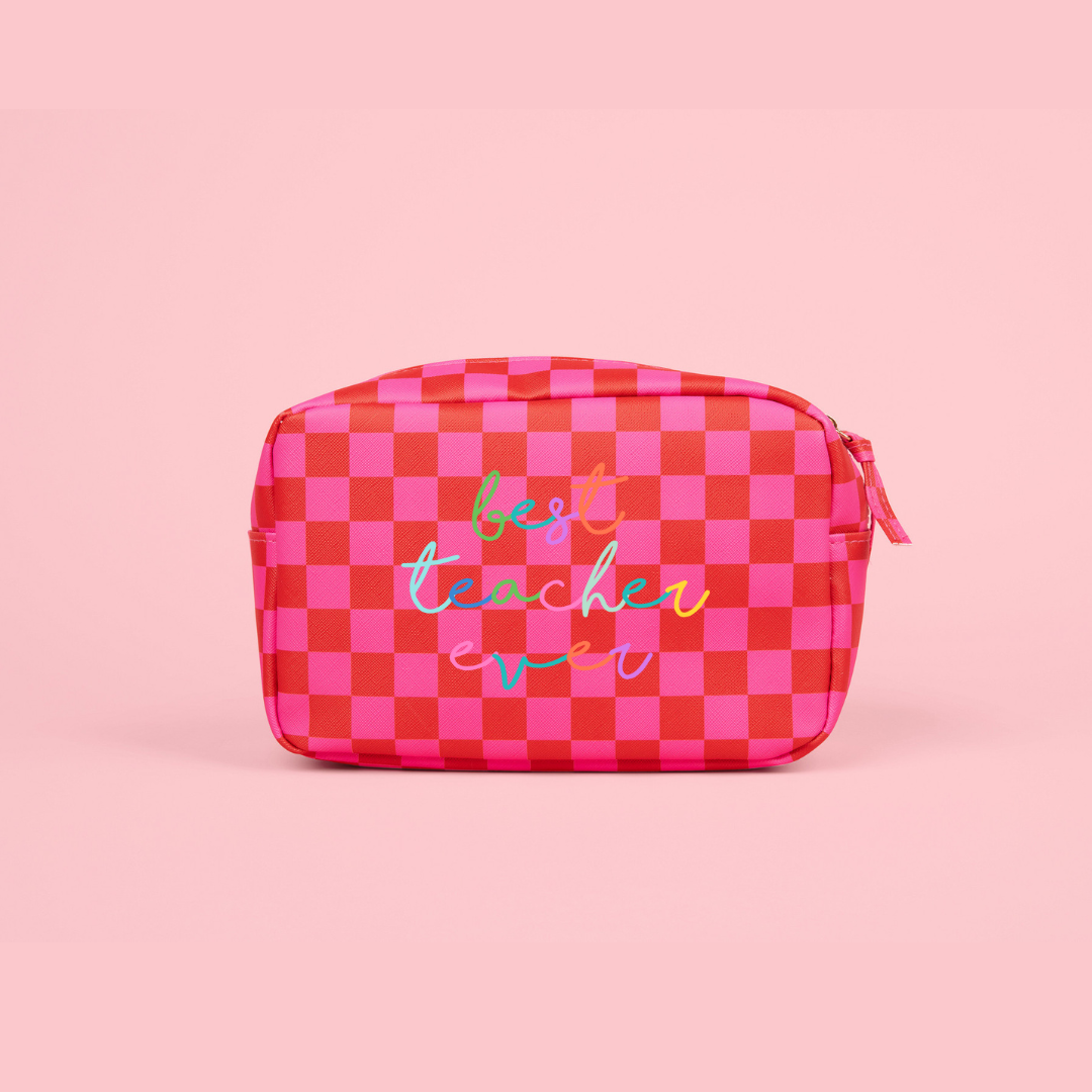 Best Teacher Ever Cute Checkered Leatherette Cosmetic Bag
