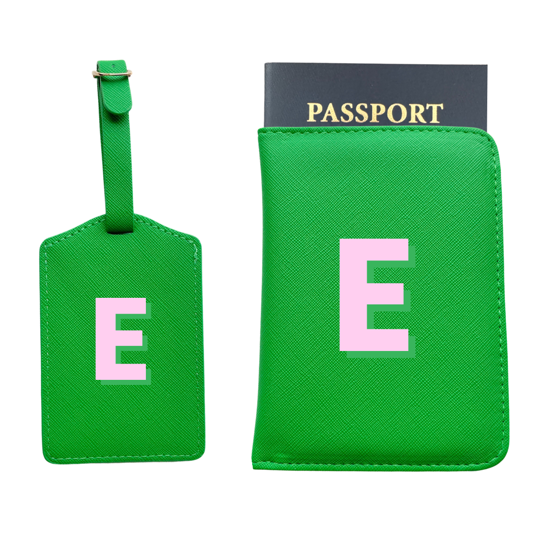 Personalized Vegan Leather Passport & Luggage Tag Set | Green Single Monogram - Aspen Lane