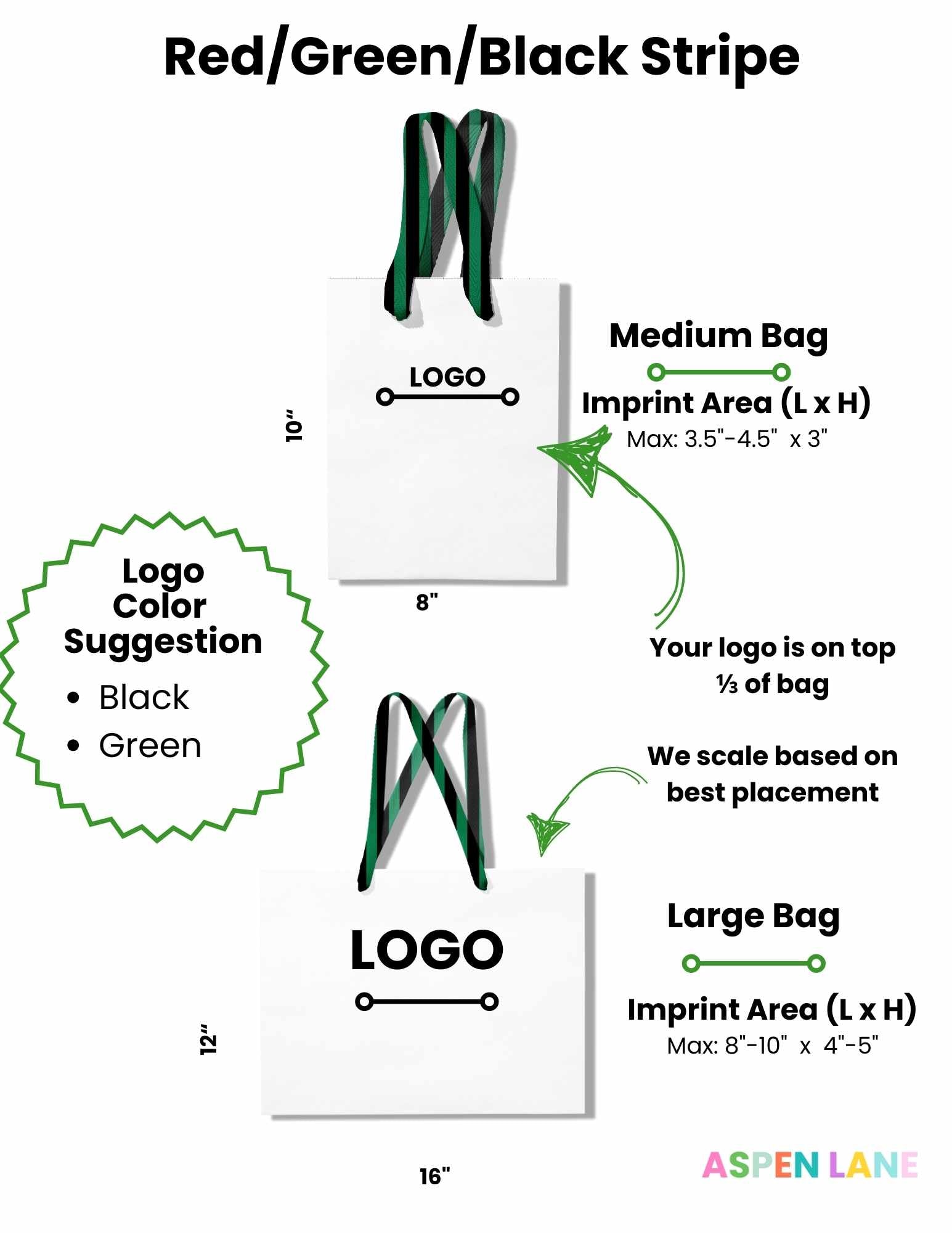 Stripe Ribbon White Custom Logo Bag | Green & Black | FREE FREIGHT