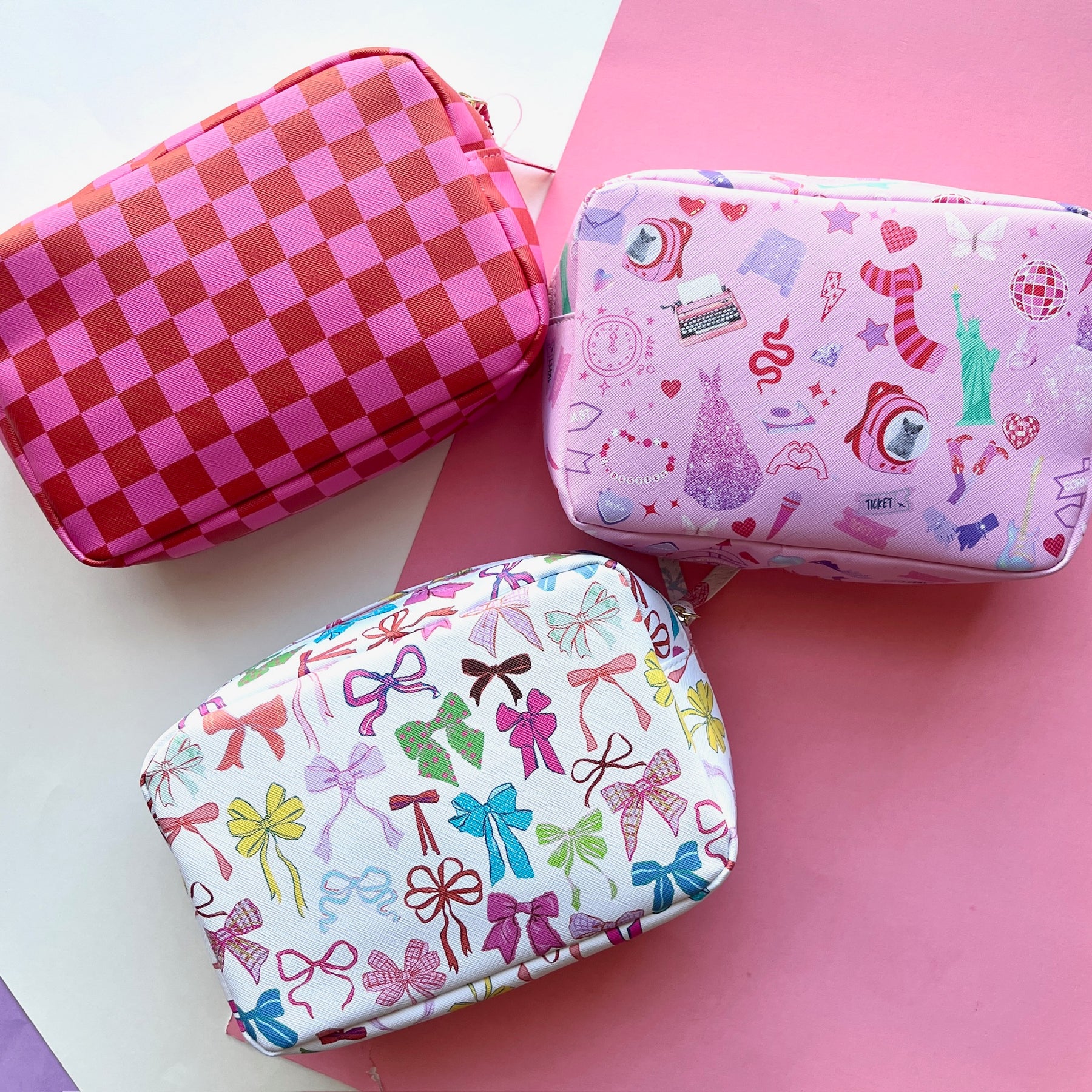 Pink & Red Checkered | Leatherette Cosmetic Bag