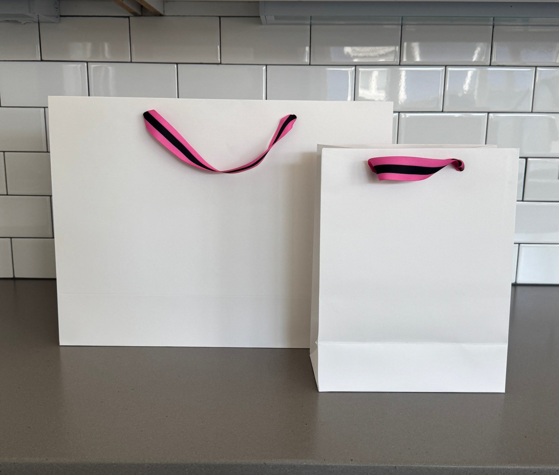 Stripe Ribbon White Custom Logo Bag | Pink & Black | FREE FREIGHT