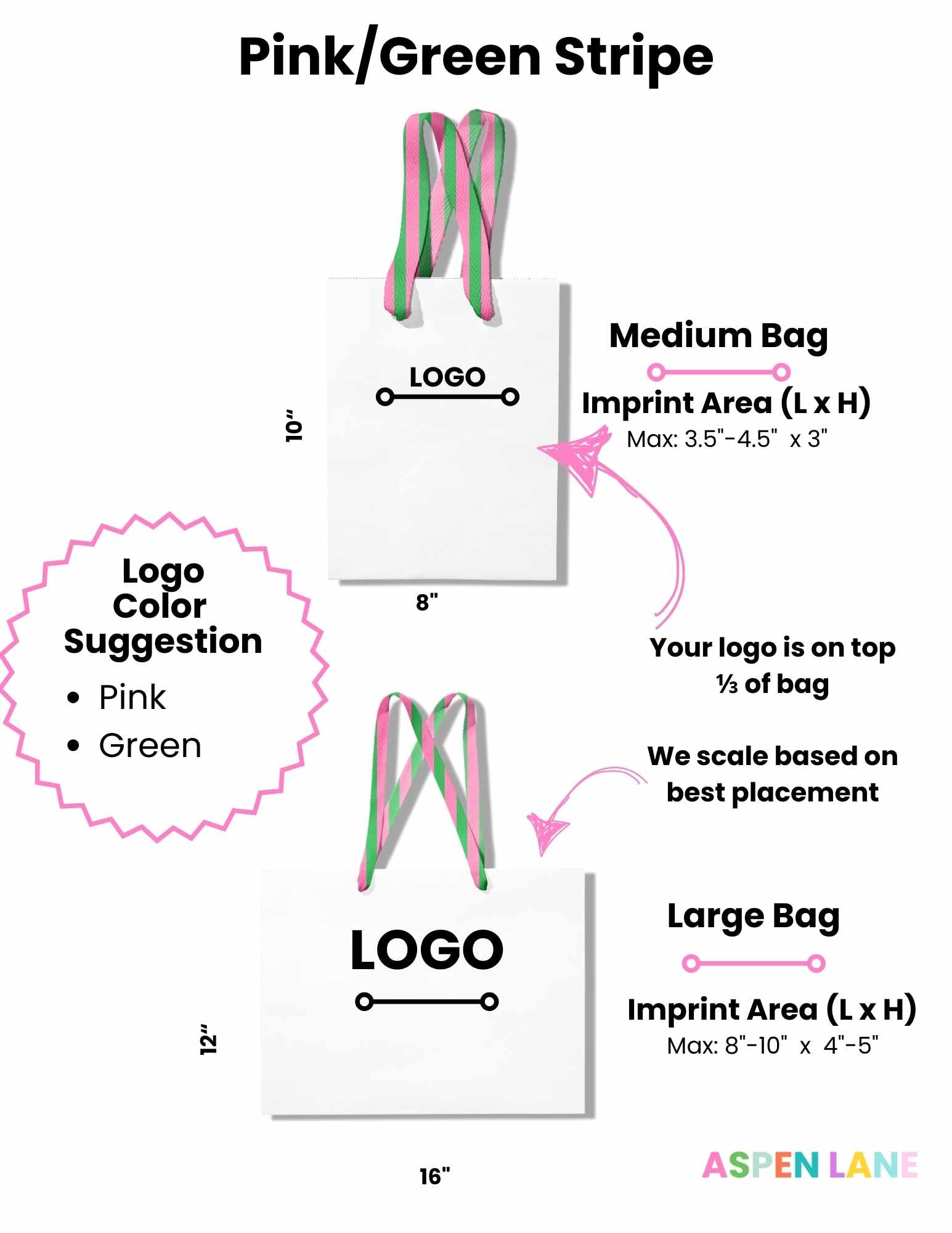 Stripe Ribbon White Custom Logo Bag | Pink & Green | FREE FREIGHT