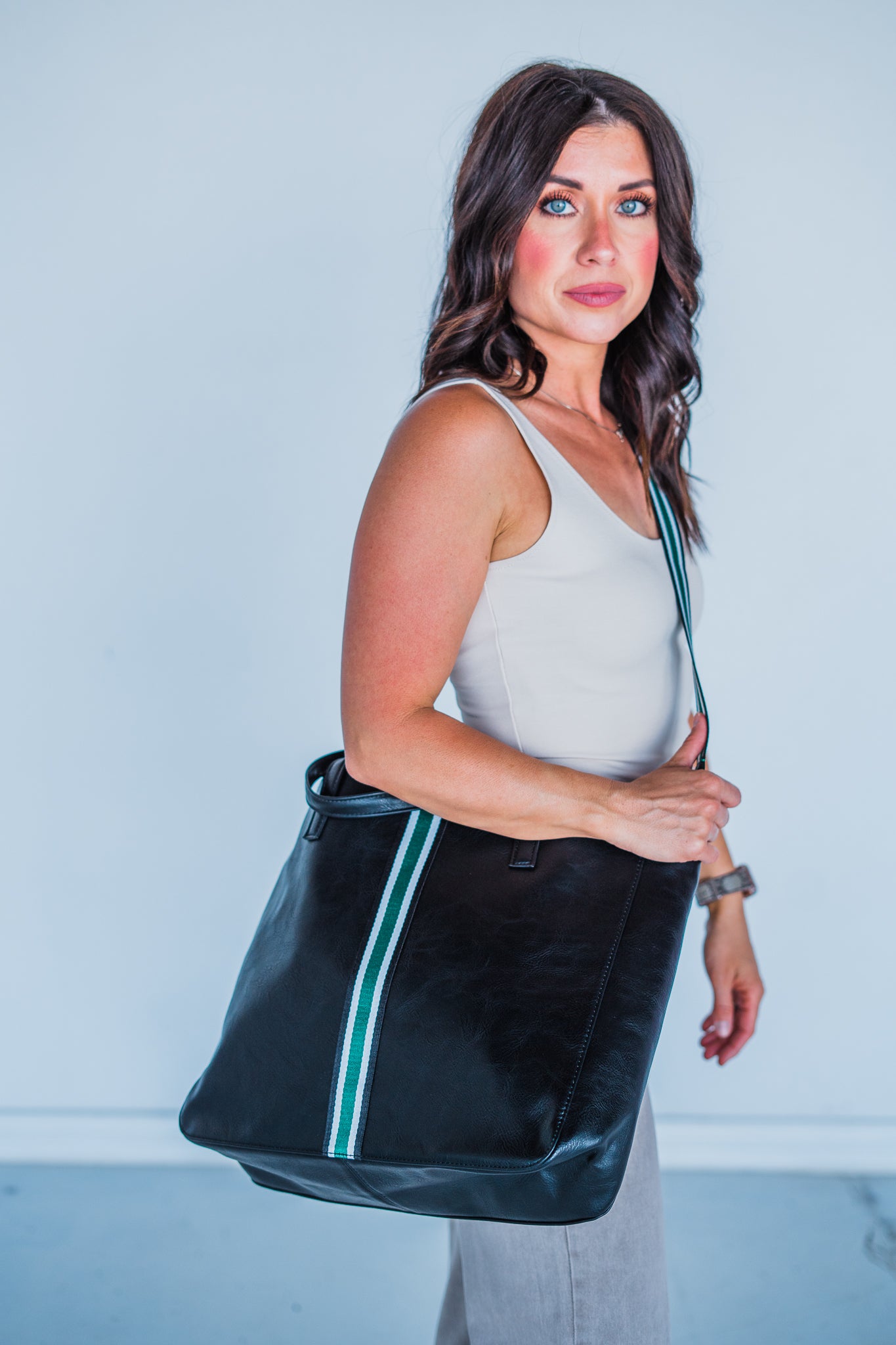 Black + Green Stripe Vegan Tote - Aspen Lane 