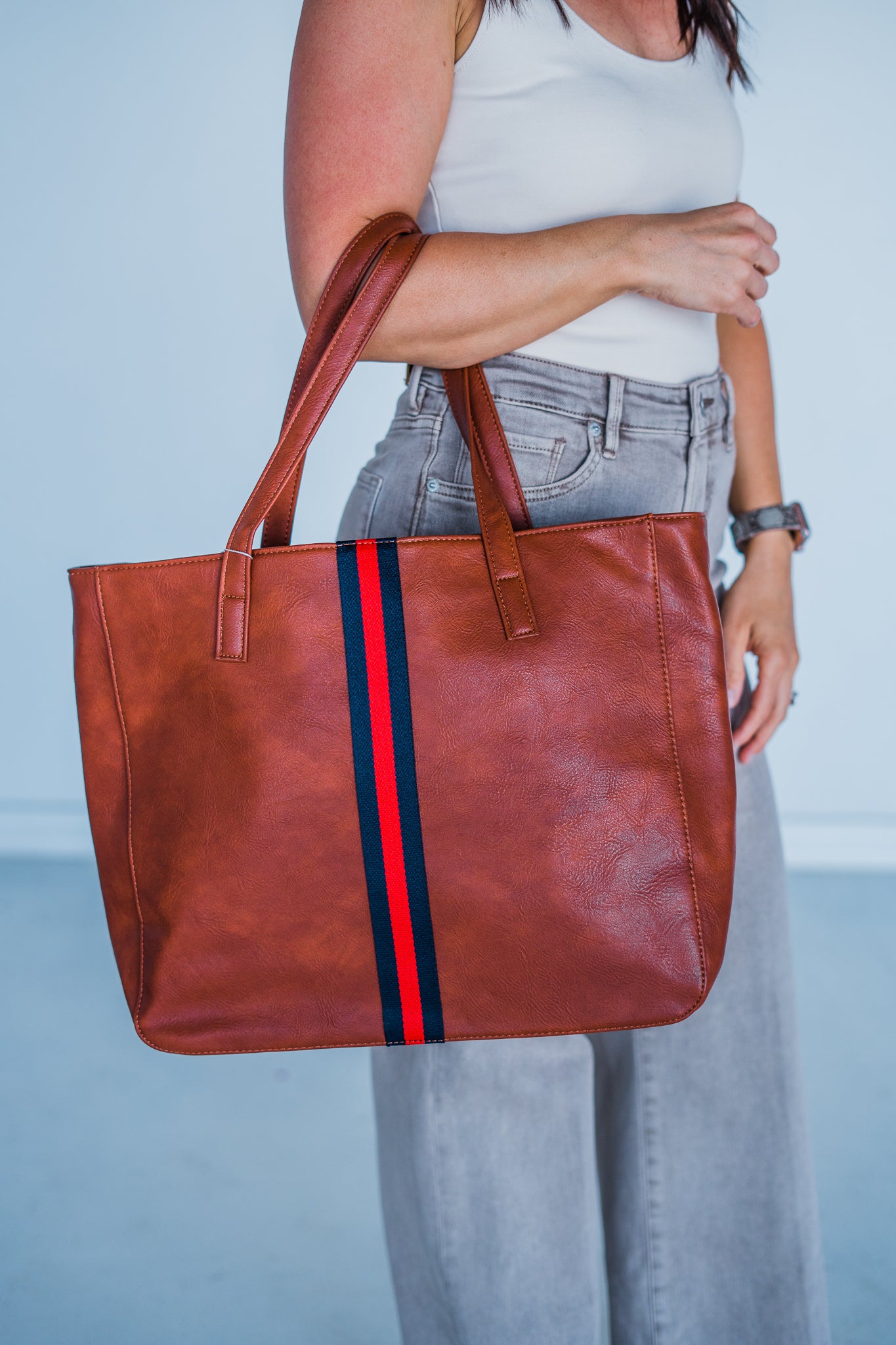 Cognac + Red/Navy Stripe Vegan Tote - Aspen Lane