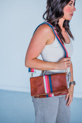 Cognac + Multi Stripe Vegan Crossbody, Belt Bag + Clutch - Aspen Lane