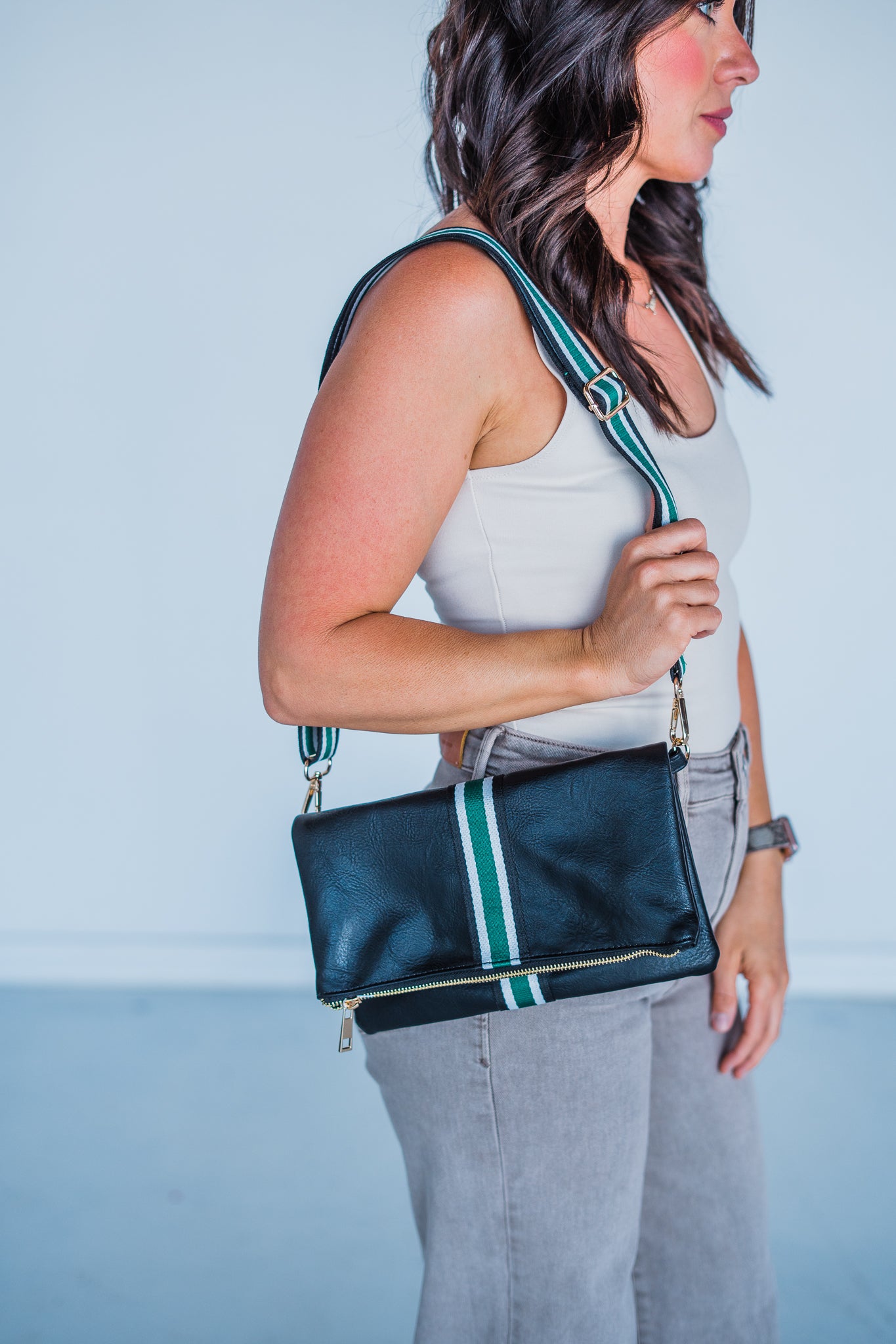 Black + Green Stripe Vegan Crossbody, Belt Bag + Clutch - Aspen Lane 