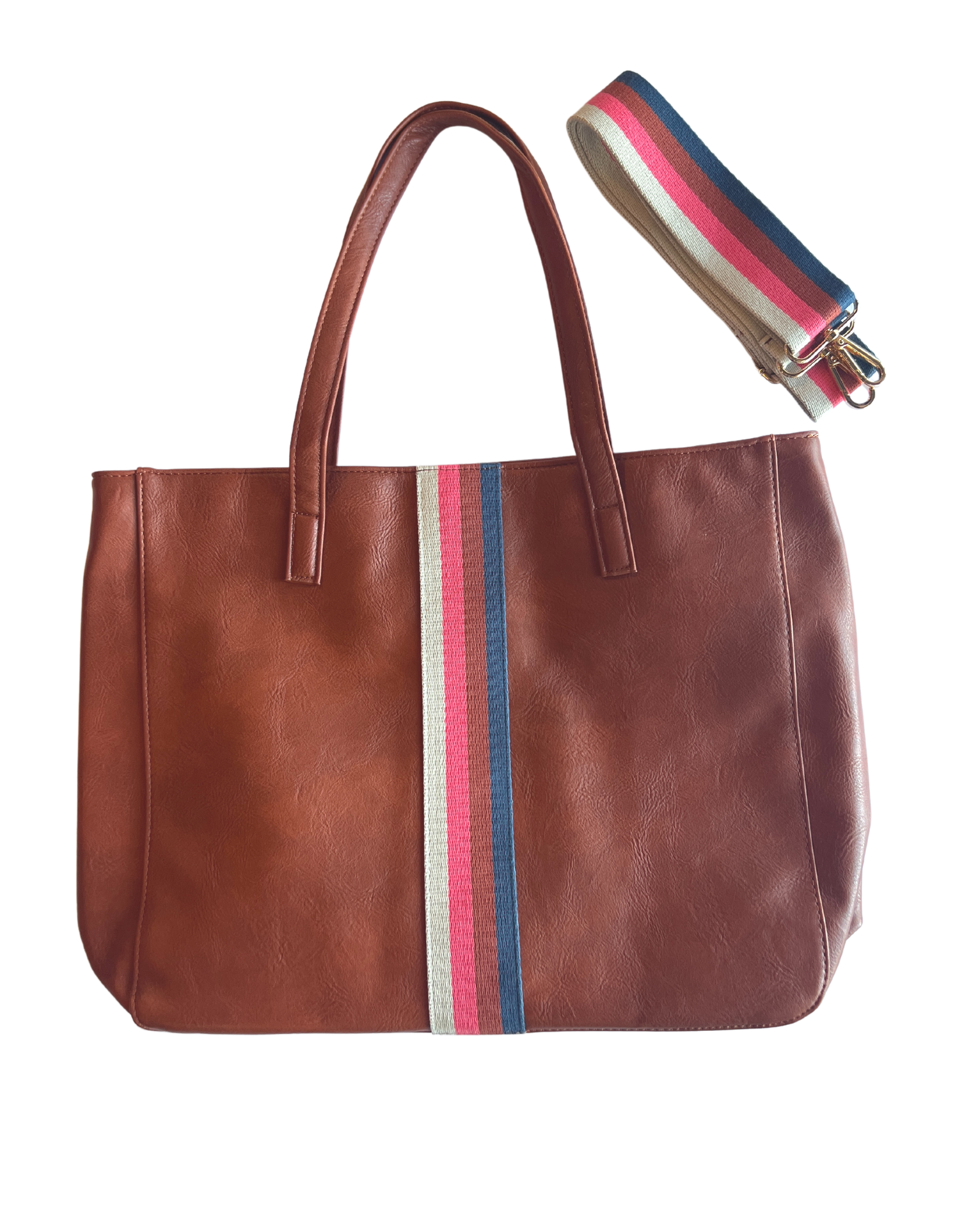 Cognac + Multi Stripe Vegan Tote - Aspen Lane