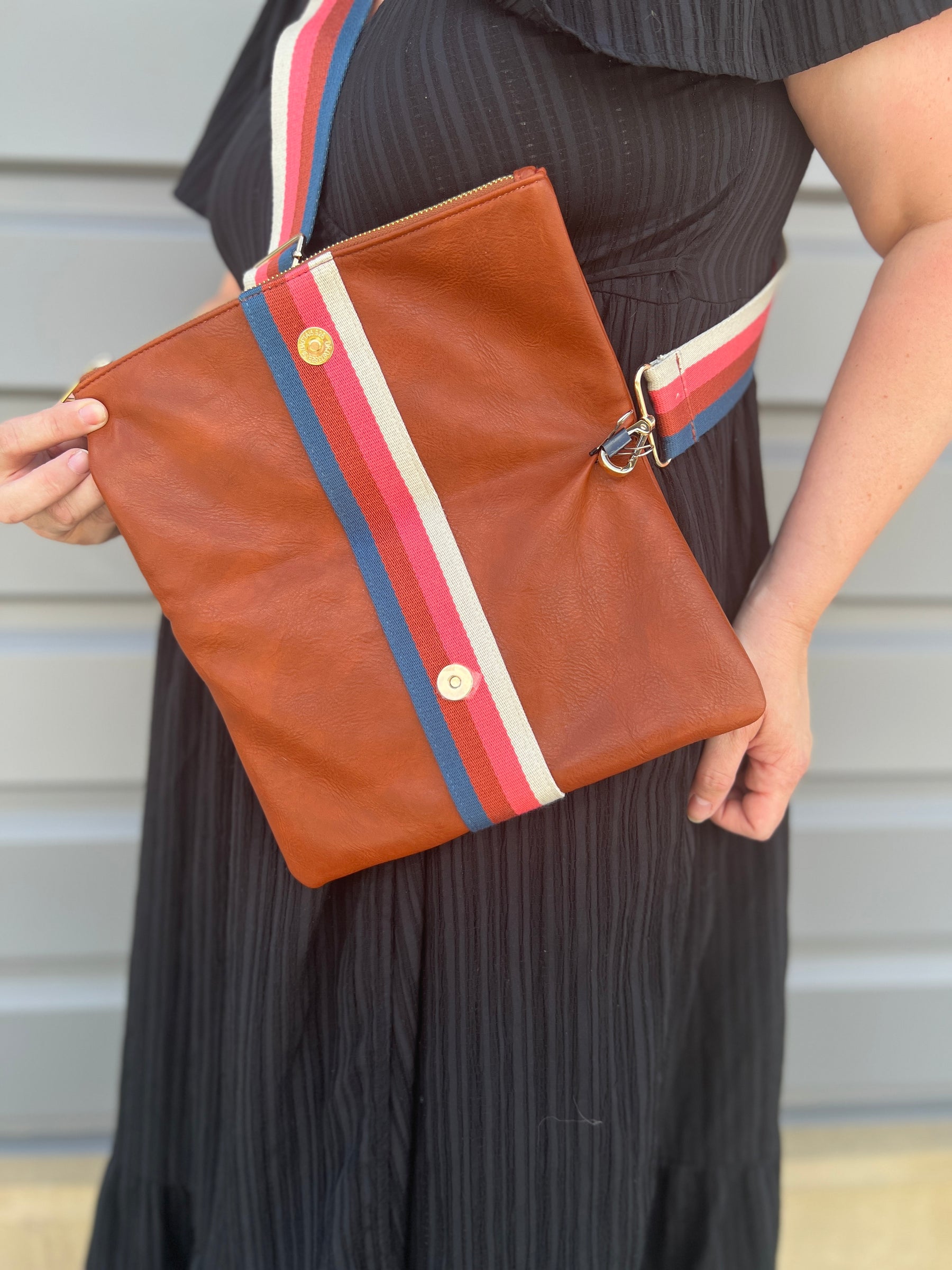 Cognac + Multi Stripe Vegan Crossbody, Belt Bag + Clutch - Aspen Lane