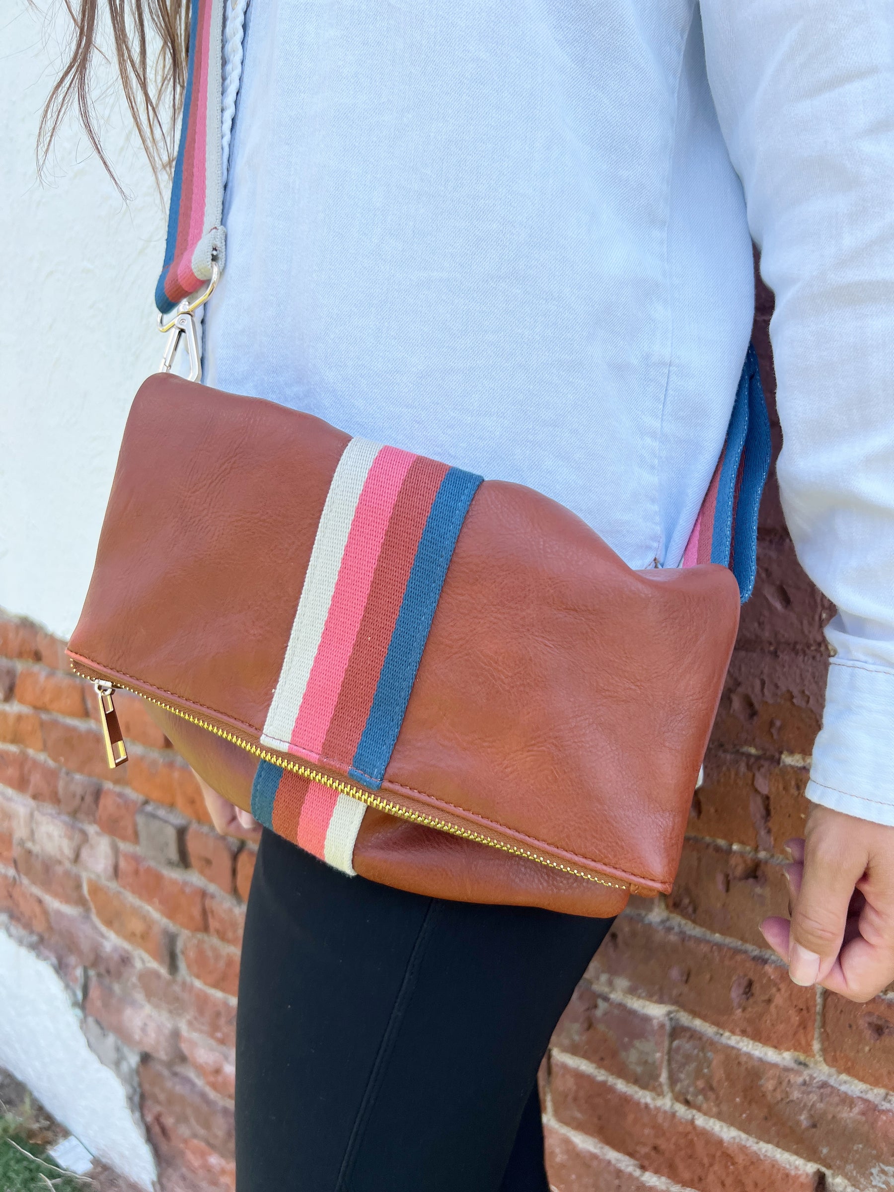 Cognac + Multi Stripe Vegan Crossbody, Belt Bag + Clutch - Aspen Lane