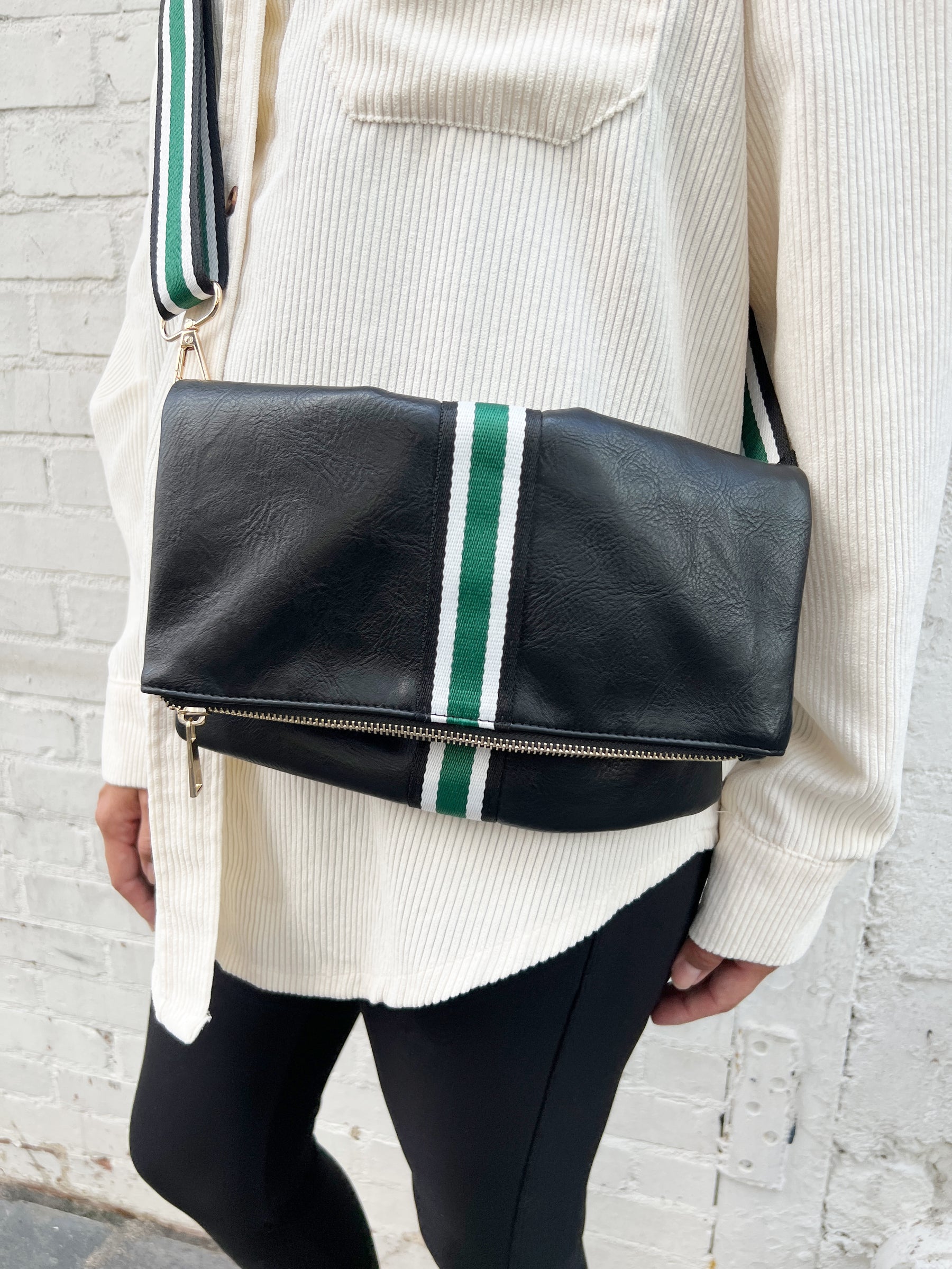 Black + Green Stripe Vegan Crossbody, Belt Bag + Clutch - Aspen Lane