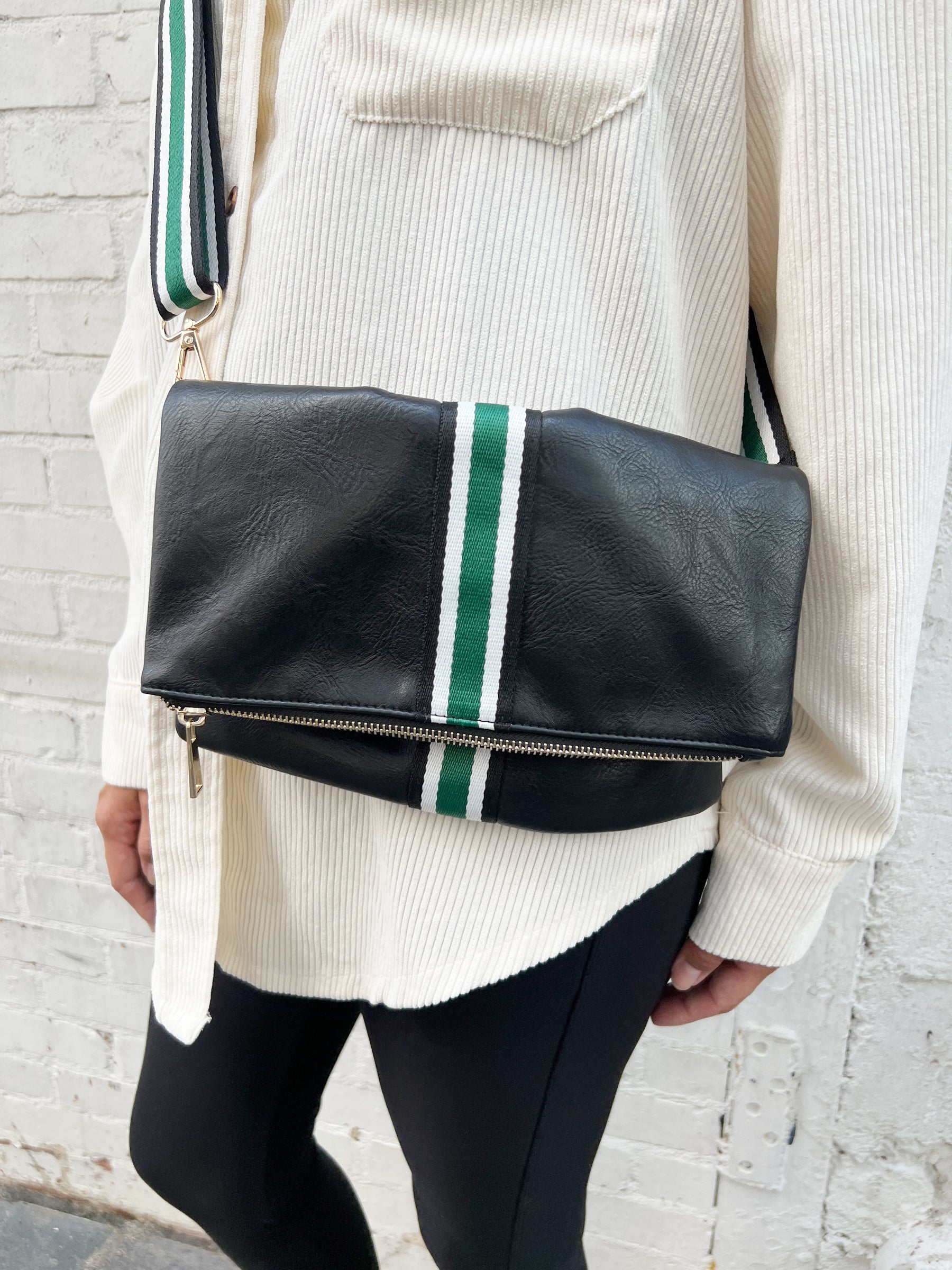 Black + Green Stripe Vegan Crossbody, Belt Bag + Clutch - Aspen Lane 