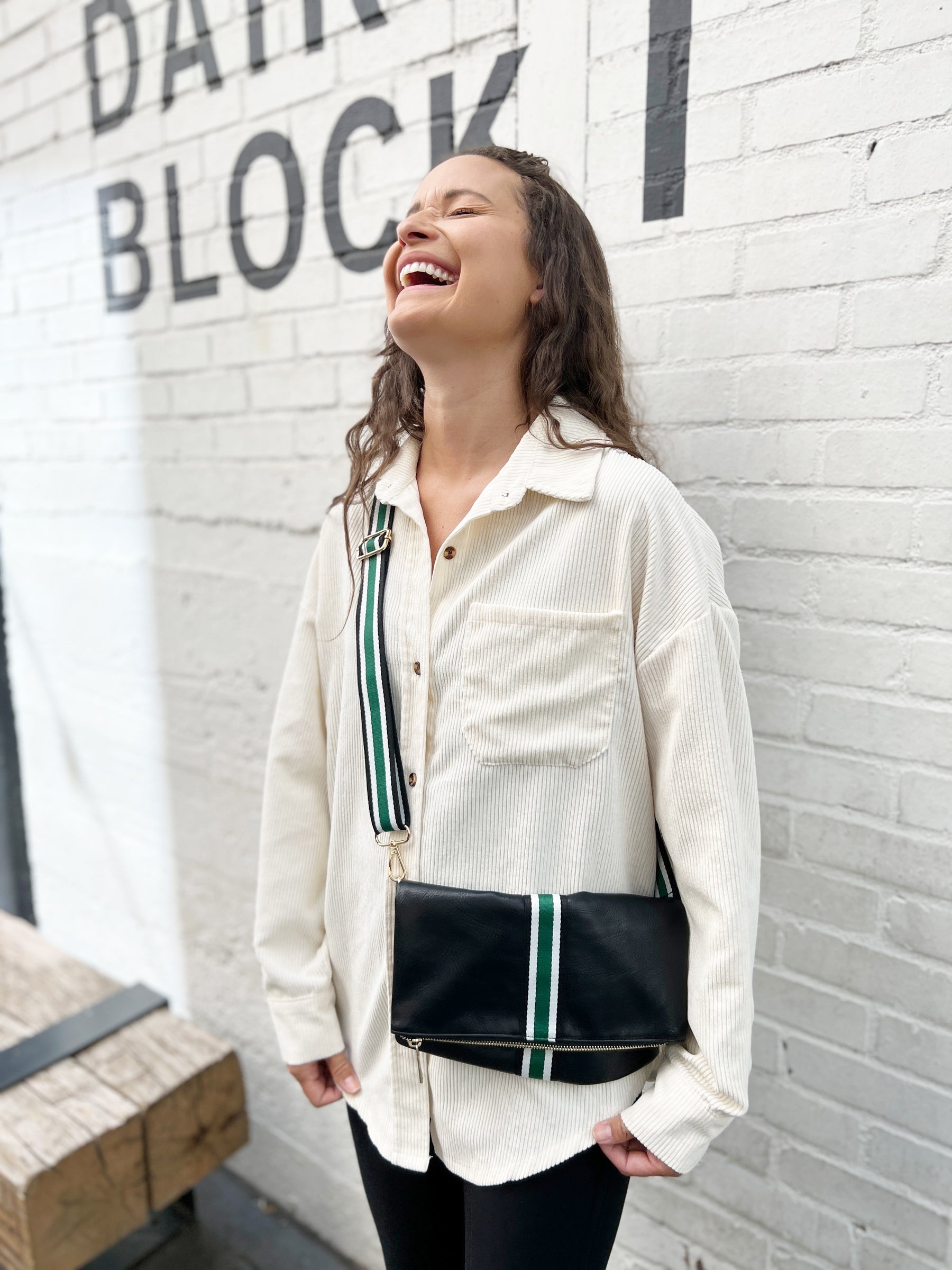 Black + Green Stripe Vegan Crossbody, Belt Bag + Clutch - Aspen Lane 