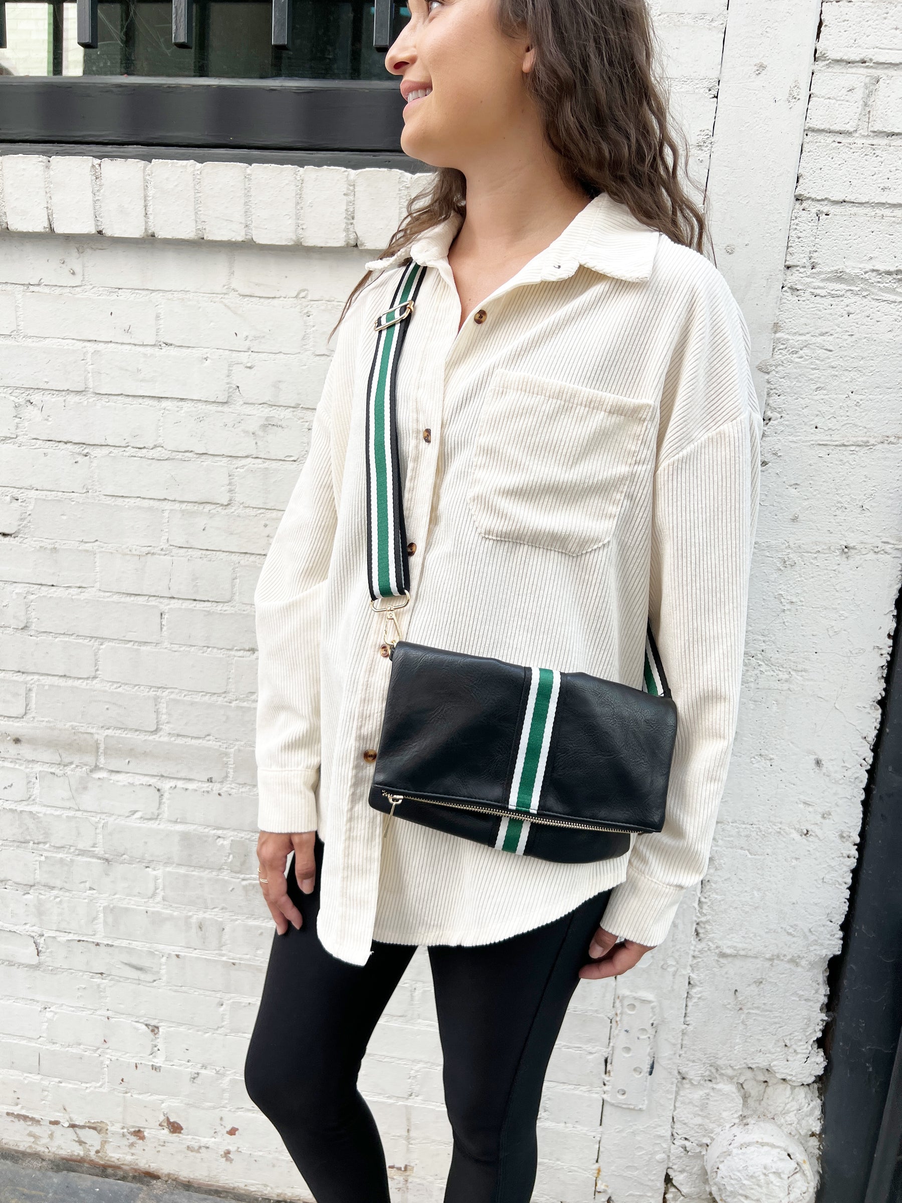 Black + Green Stripe Vegan Crossbody, Belt Bag + Clutch - Aspen Lane 