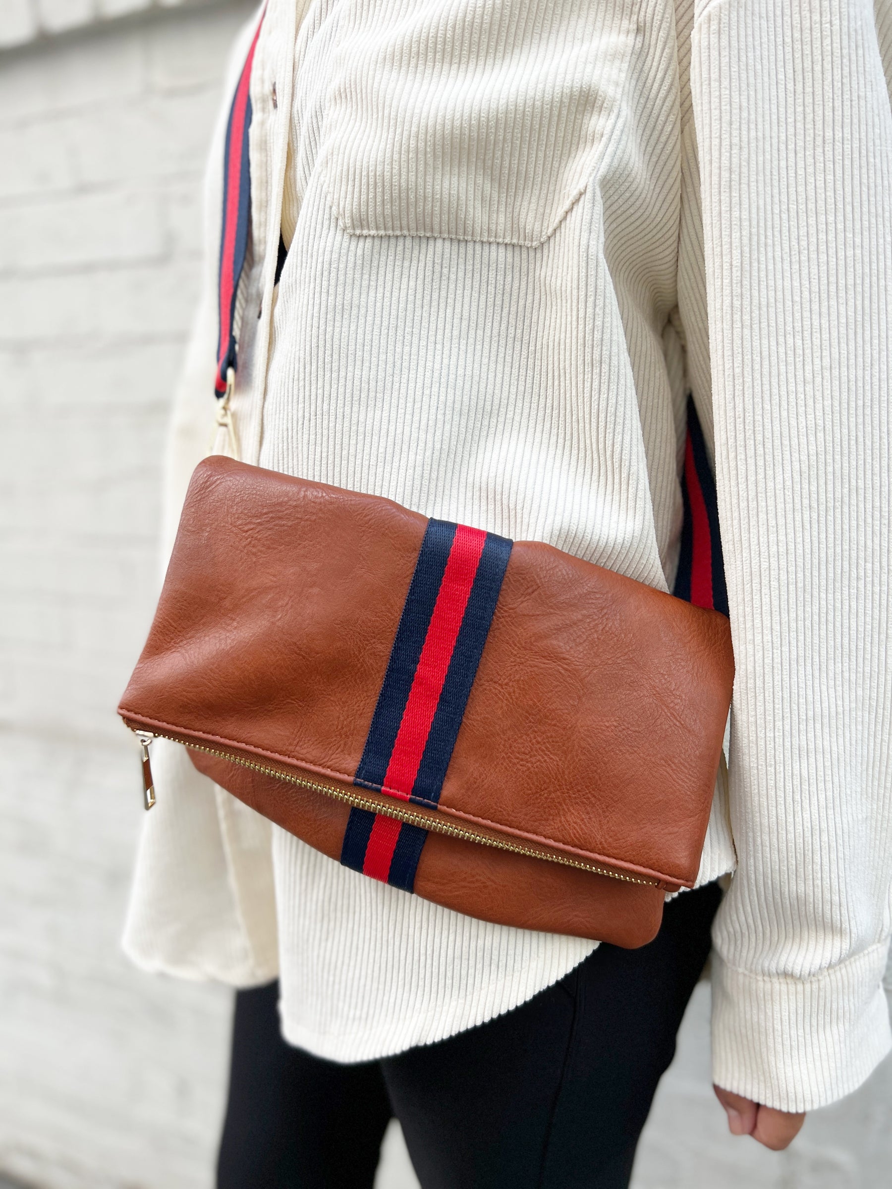 Cognac + Red/Navy Stripe Vegan Crossbody, Belt Bag + Clutch - Aspen Lane