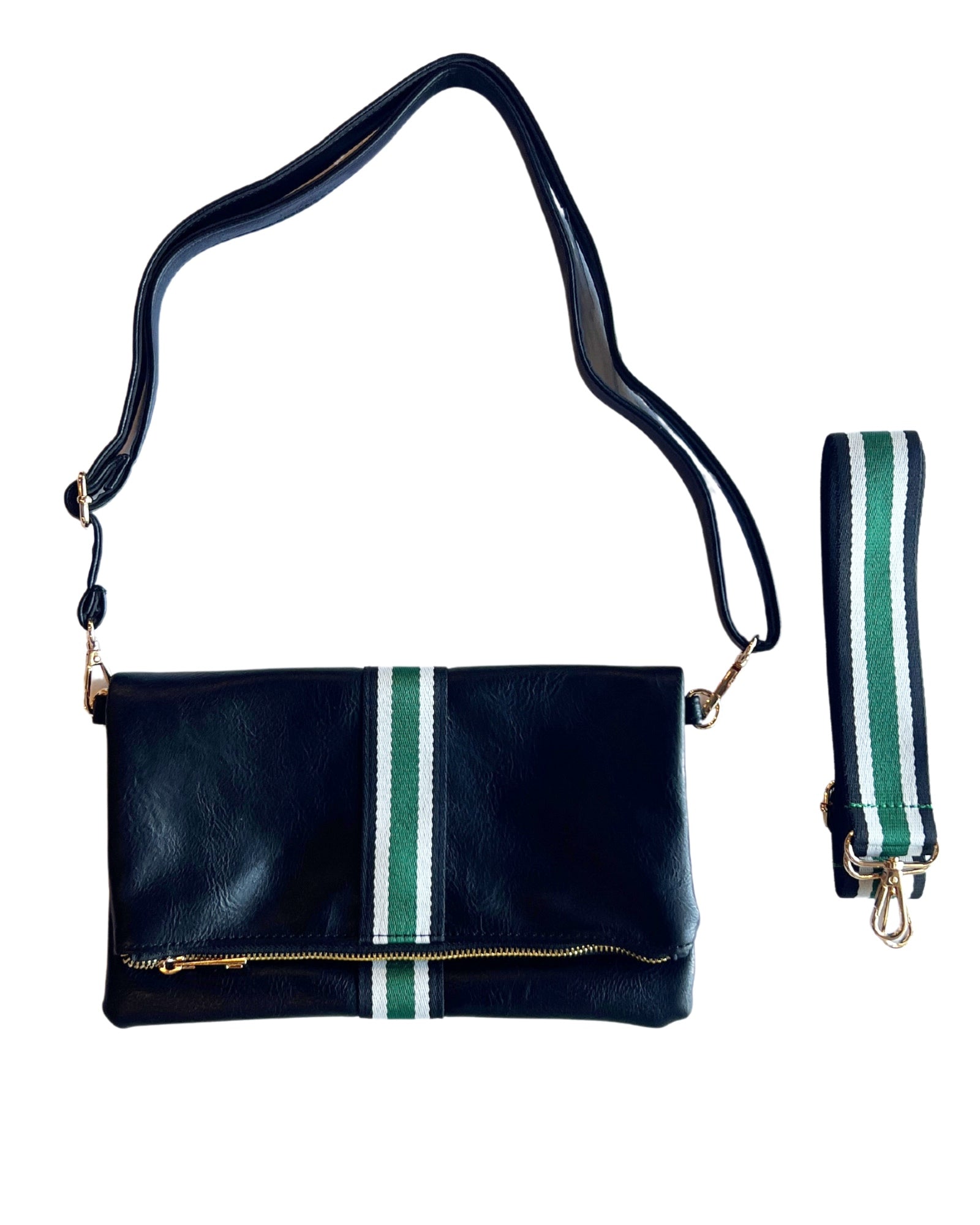 Black + Green Stripe Vegan Crossbody, Belt Bag + Clutch - Aspen Lane
