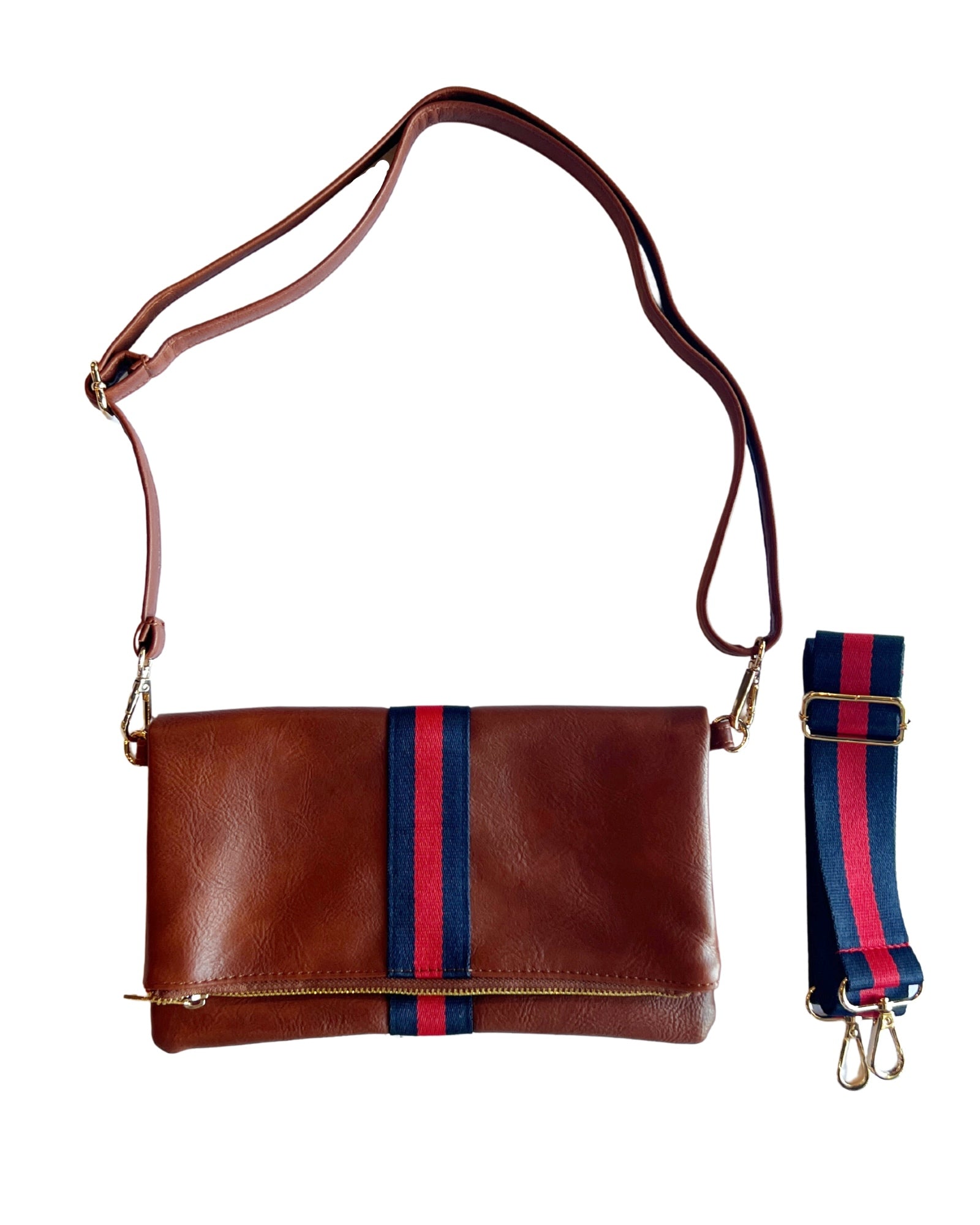 Cognac + Red/Navy Stripe Vegan Crossbody, Belt Bag + Clutch - Aspen Lane