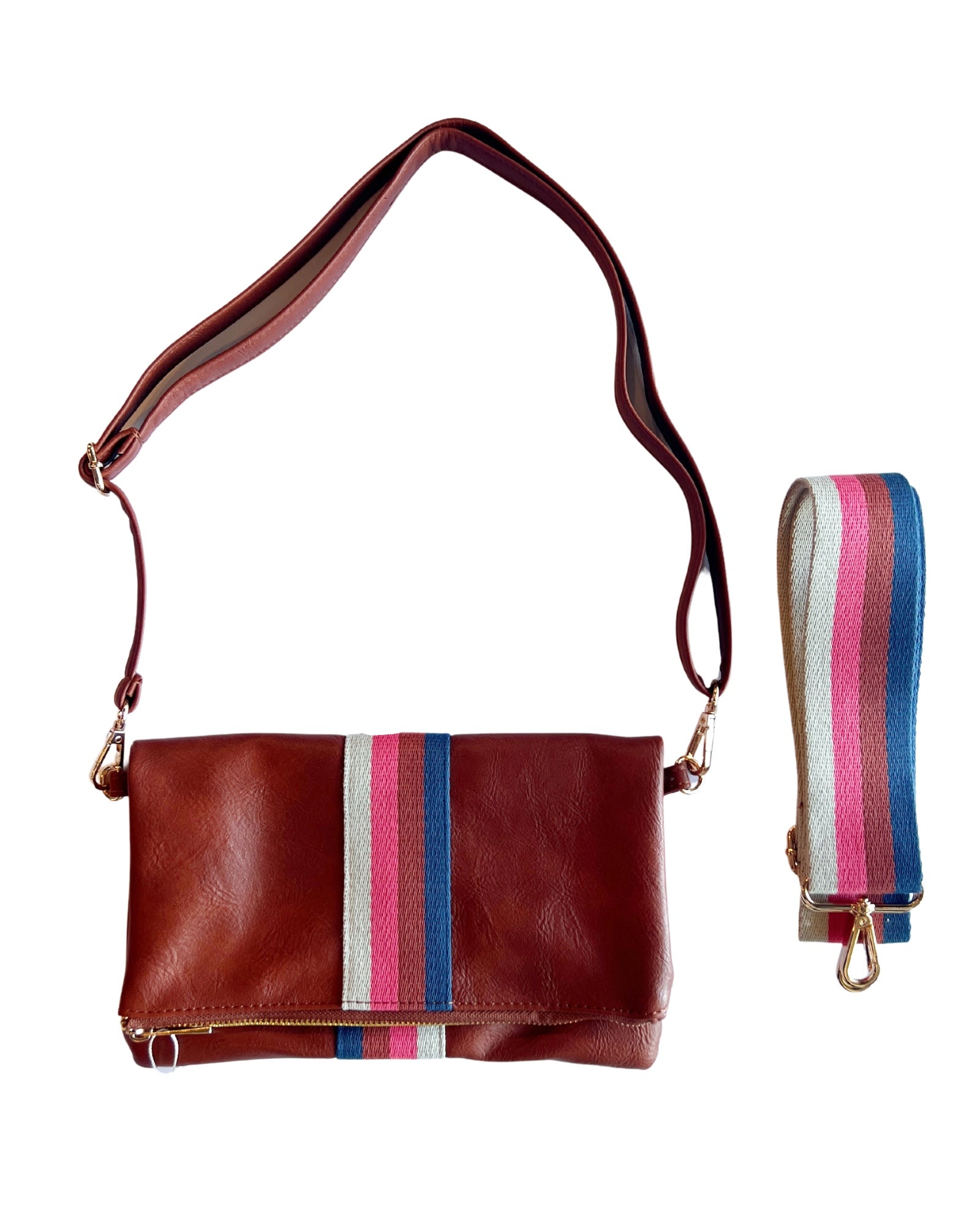 Cognac + Multi Stripe Vegan Crossbody, Belt Bag + Clutch - Aspen Lane