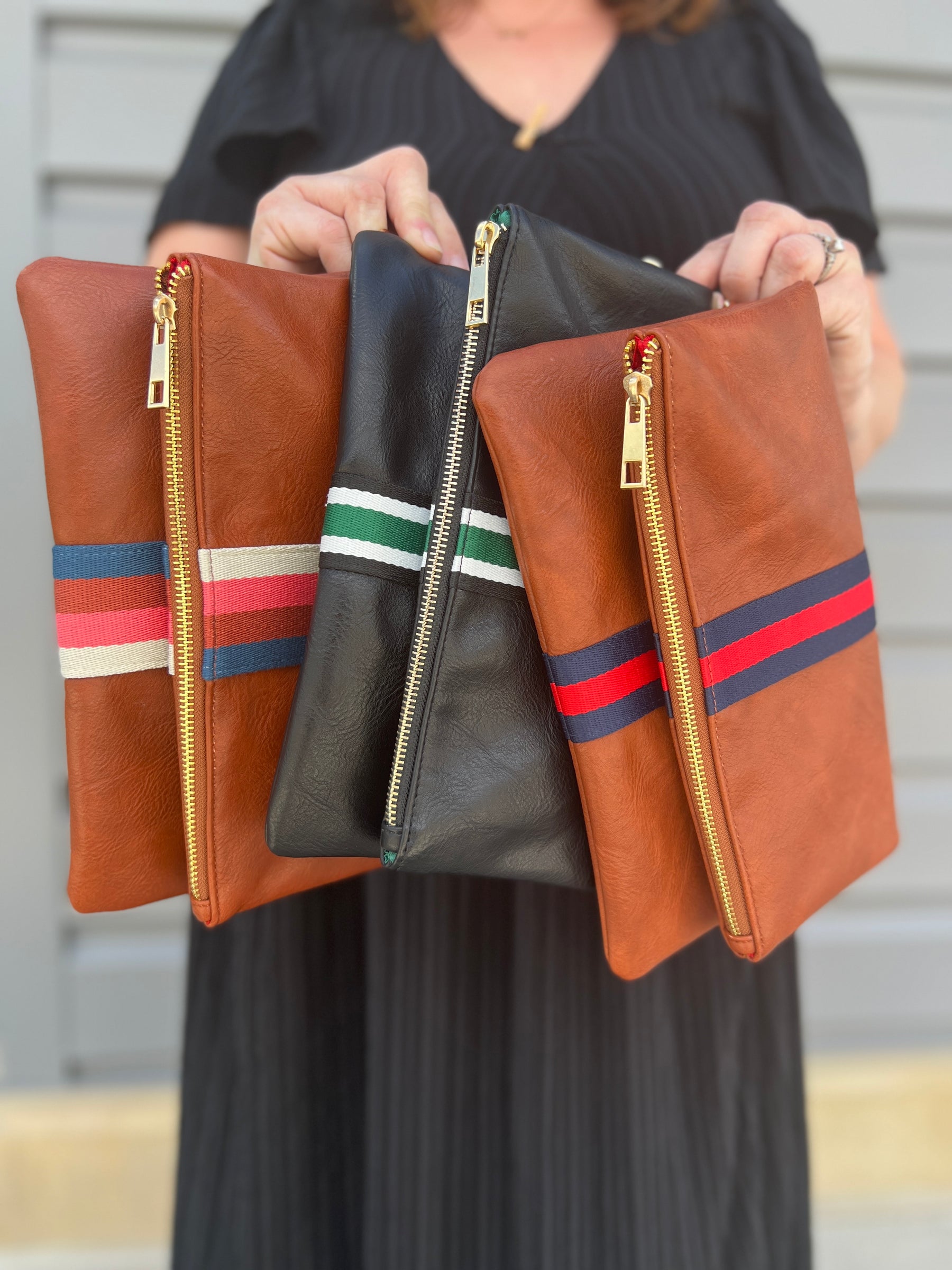 Cognac + Red/Navy Stripe Vegan Crossbody, Belt Bag + Clutch - Aspen Lane
