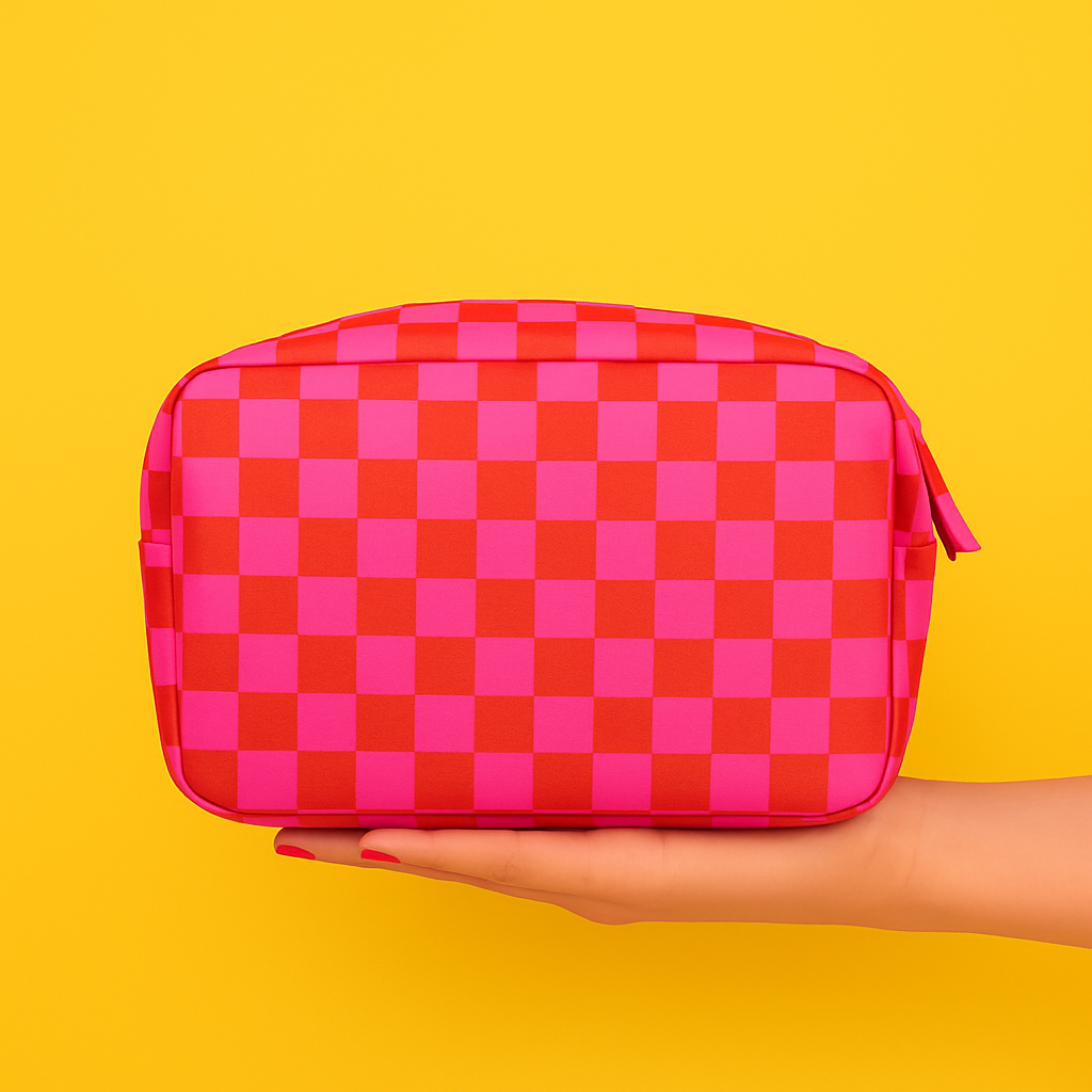 Pink & Red Checkered | Leatherette Cosmetic Bag