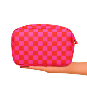 Pink & Red Checkered | Leatherette Cosmetic Bag