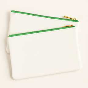 Saffiano Vegan Leather Flat Zip (White & Green) | Bulk Wholesale Name Drop