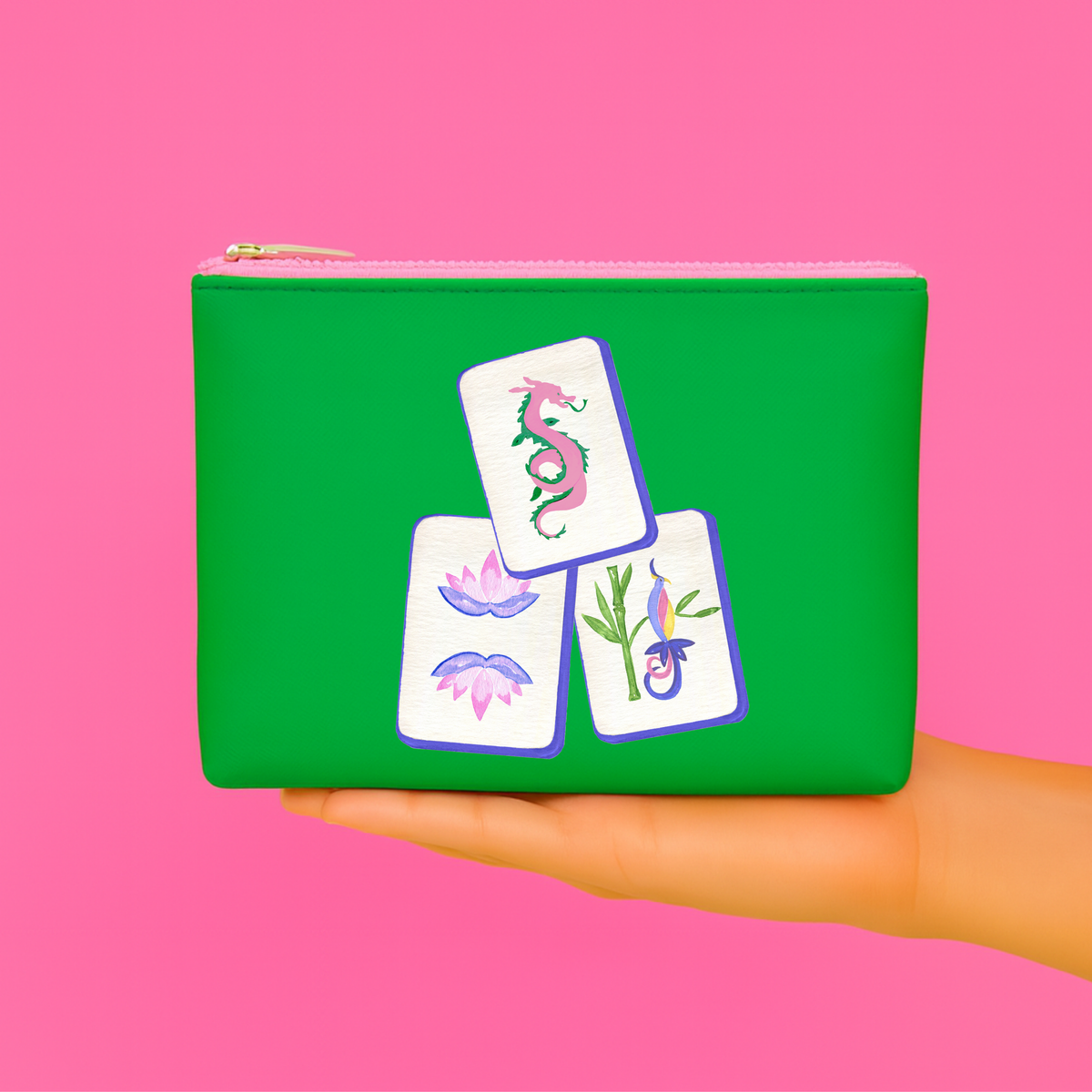 Green Mahjong Tile Leatherette Stripe Pouch