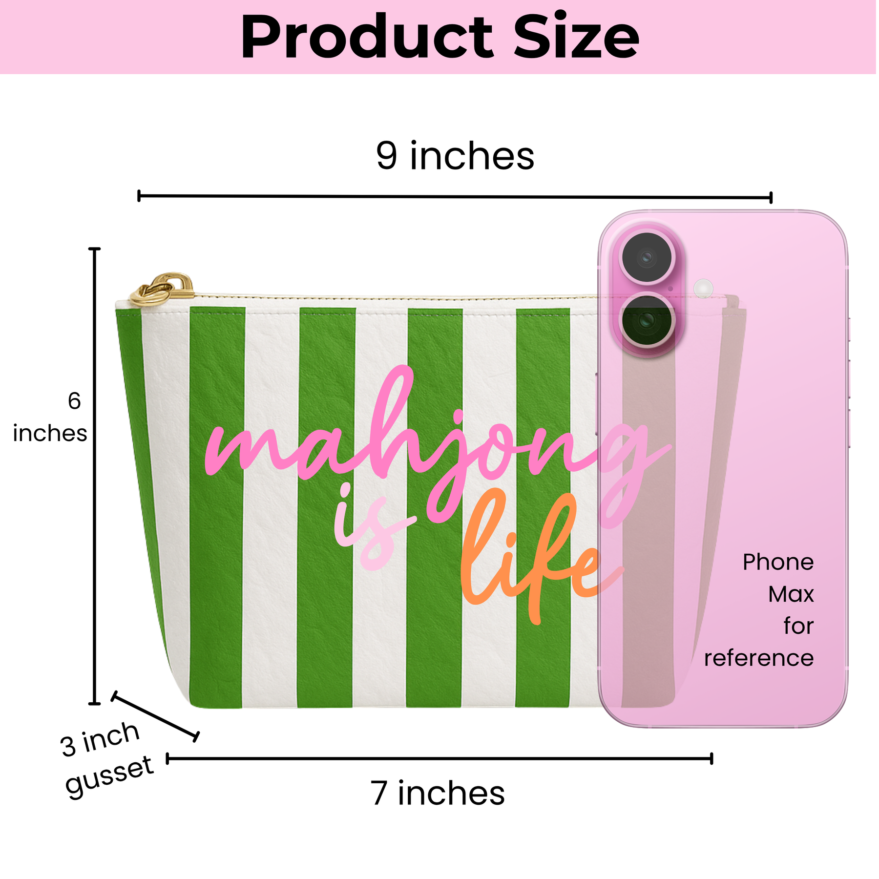 Mahjong Is Life  Green & White Stripe Pouch