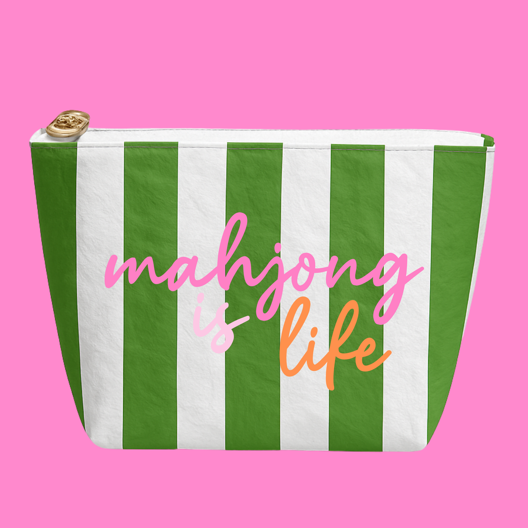 Mahjong Is Life  Green & White Stripe Pouch