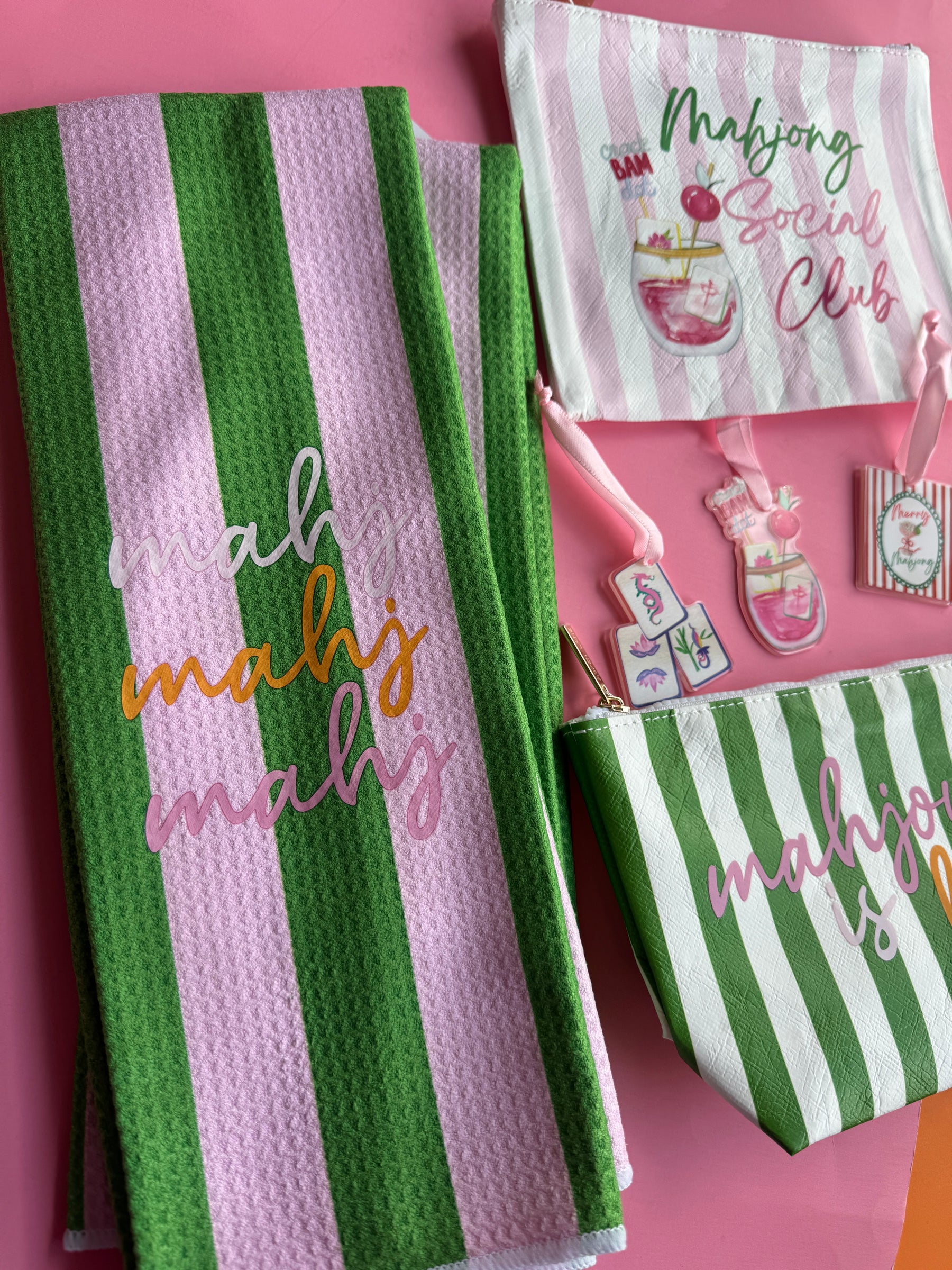 Mahjong Is Life  Green & White Stripe Pouch