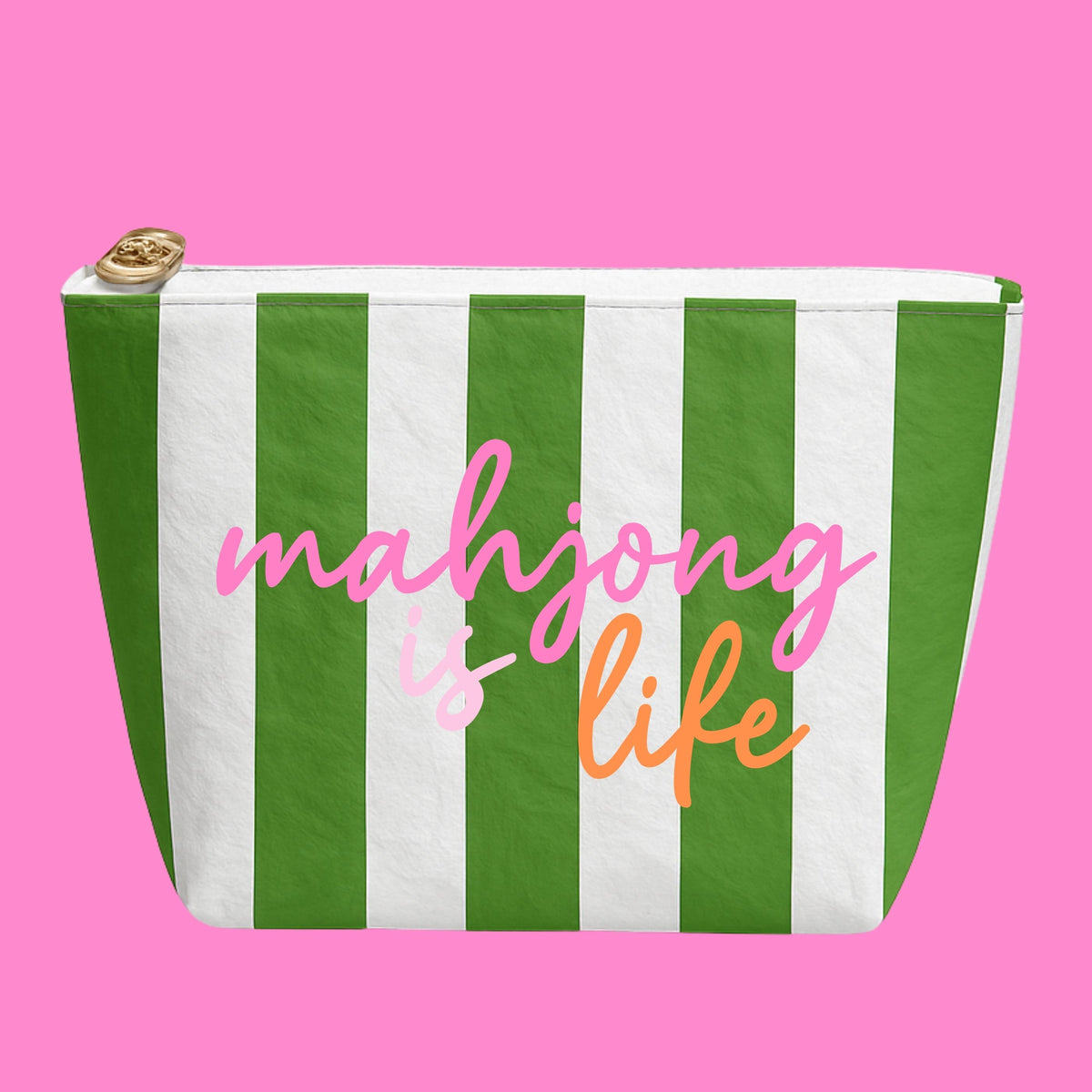 Mahjong is Life Green & White Stripe Pouch | Case of 10 | Bulk Wholesale