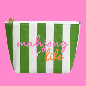 Mahjong is Life Green & White Stripe Pouch | Case of 10 | Bulk Wholesale