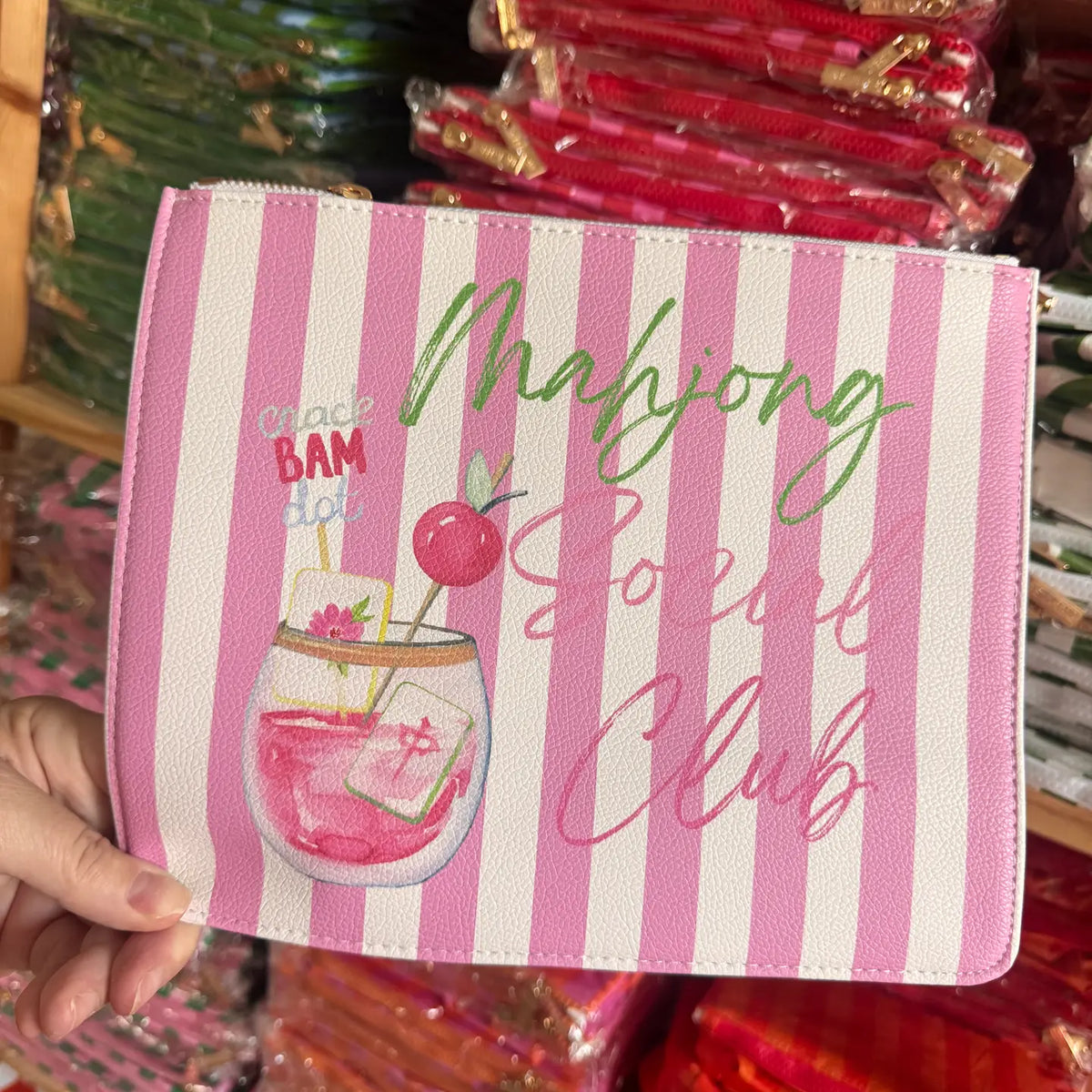 Mahjong Social Club Leather 8"x10" Pink Stripe Tile & Accessory Mahjong Bag - Aspen Lane 