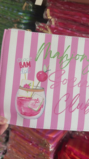 Mahjong Social Club Leather 8"x10" Pink Stripe Tile & Accessory Mahjong Bag