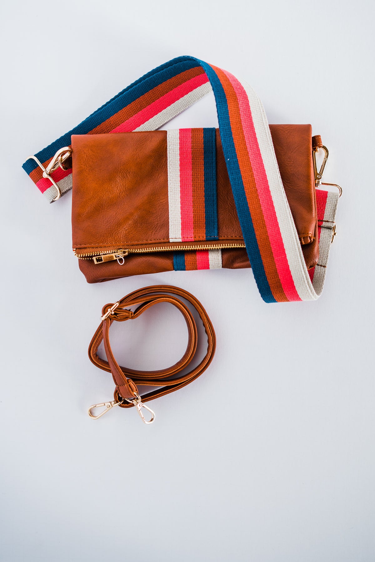 Cognac + Multi Stripe Vegan Crossbody, Belt Bag + Clutch - Aspen Lane 