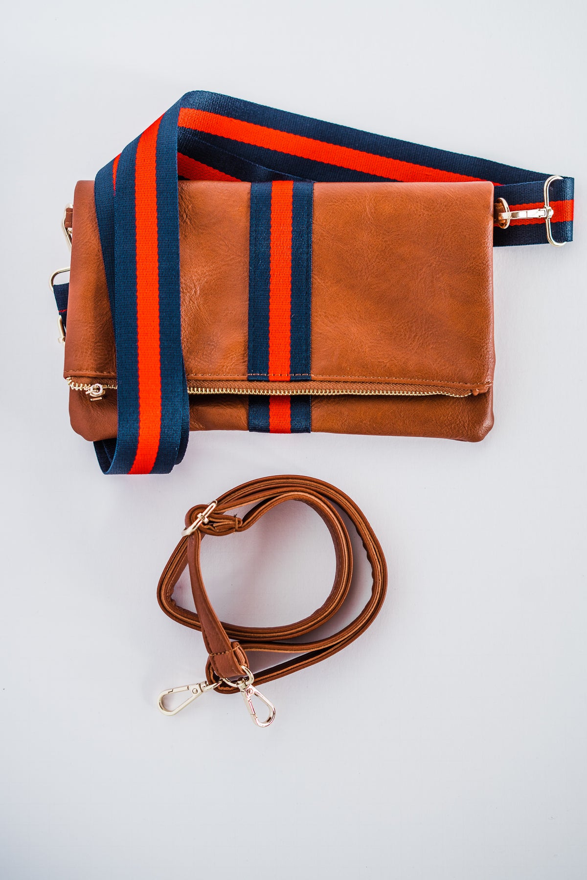 Cognac + Red/Navy Stripe Vegan Crossbody, Belt Bag + Clutch - Aspen Lane 