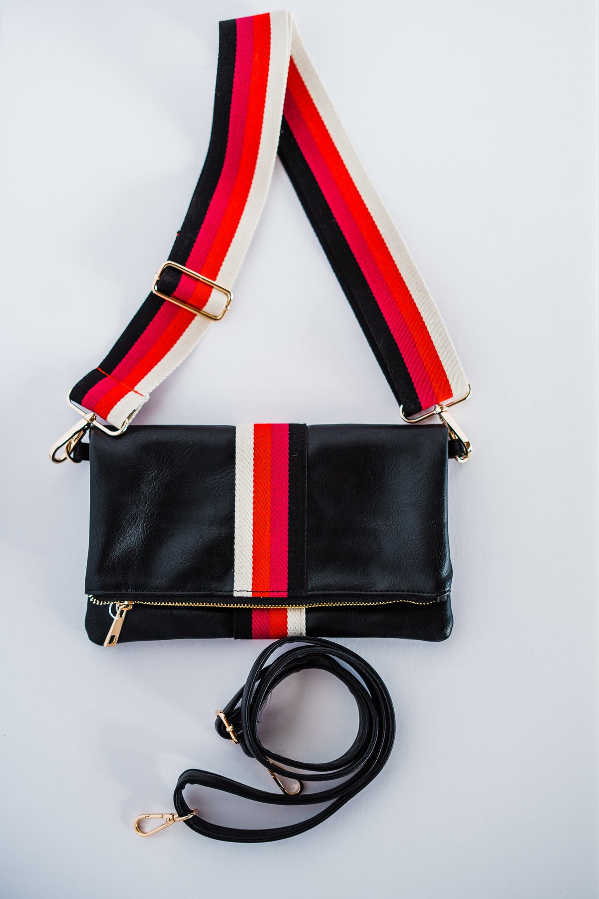Black + Multi Stripe Vegan Crossbody, Belt Bag + Clutch