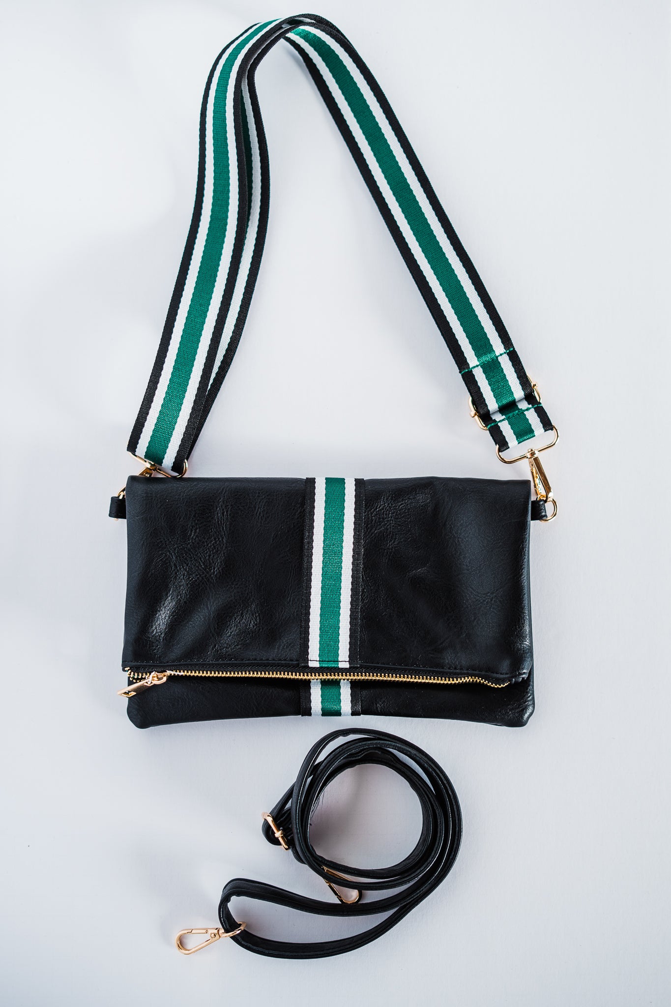 Black + Green Stripe Vegan Crossbody, Belt Bag + Clutch - Aspen Lane 