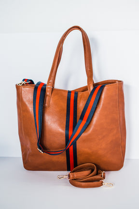 Cognac + Red/Navy Stripe Vegan Tote - Aspen Lane 