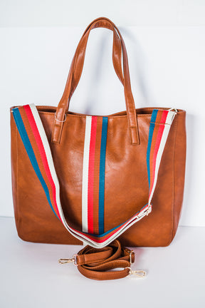 Cognac + Multi Stripe Vegan Tote - Aspen Lane 