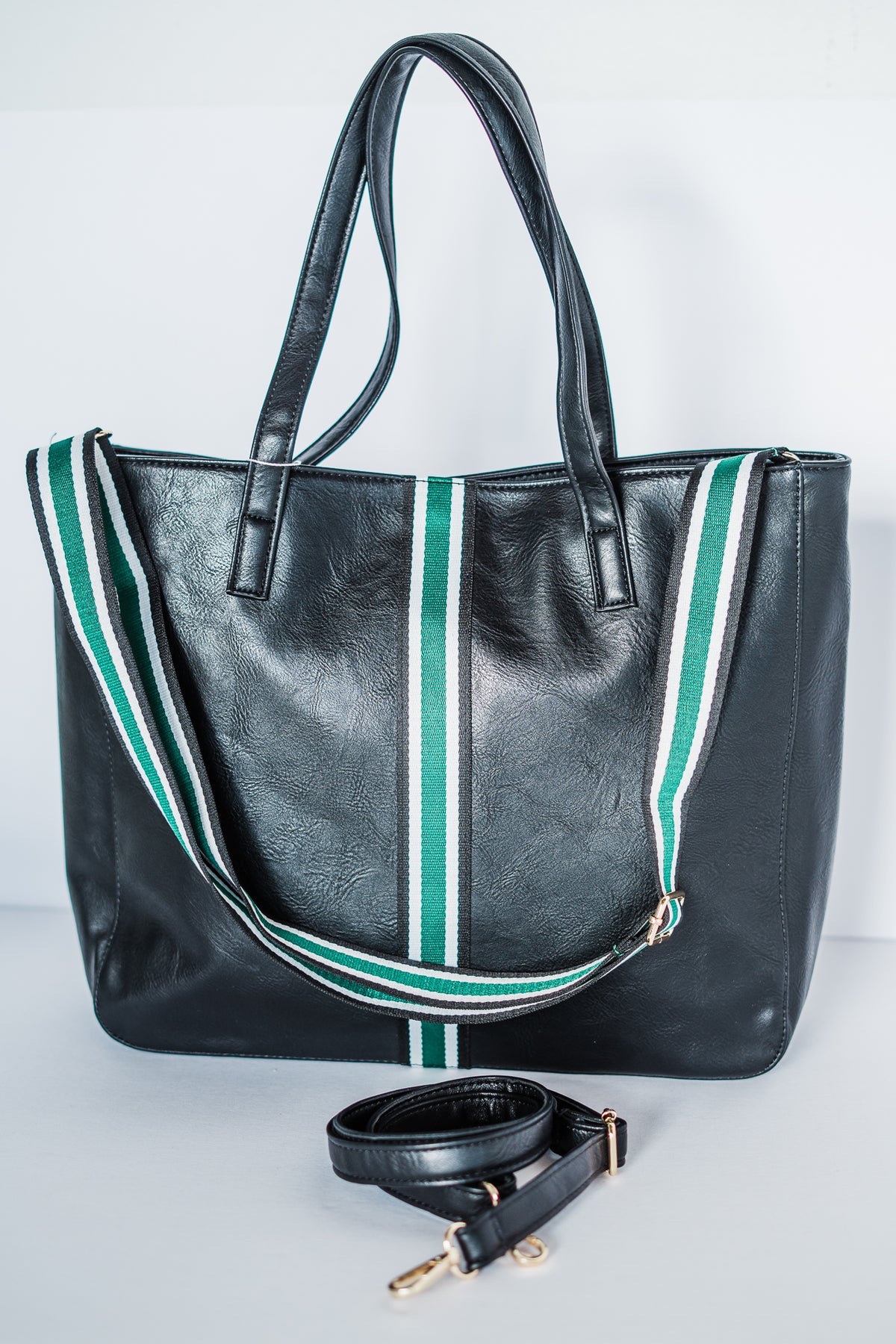 Black + Green Stripe Vegan Tote - Aspen Lane 