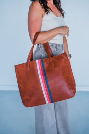Cognac + Multi Stripe Vegan Tote - Aspen Lane 