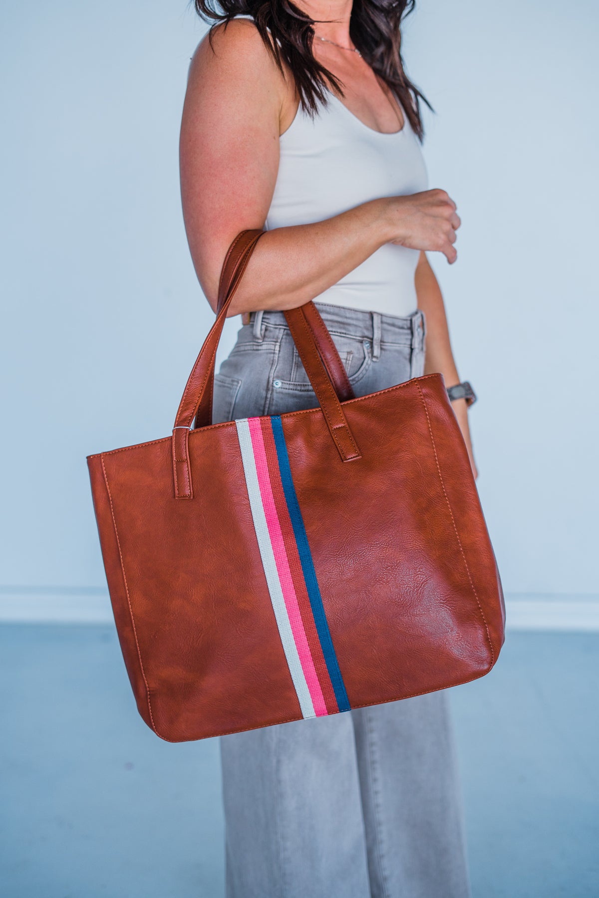 Cognac + Multi Stripe Vegan Tote - Aspen Lane 