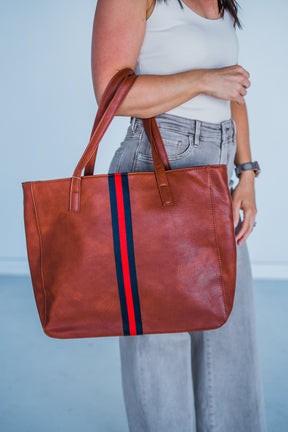 Cognac + Red/Navy Stripe Vegan Tote - Aspen Lane 