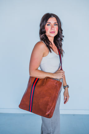 Cognac + Red/Navy Stripe Vegan Tote - Aspen Lane 