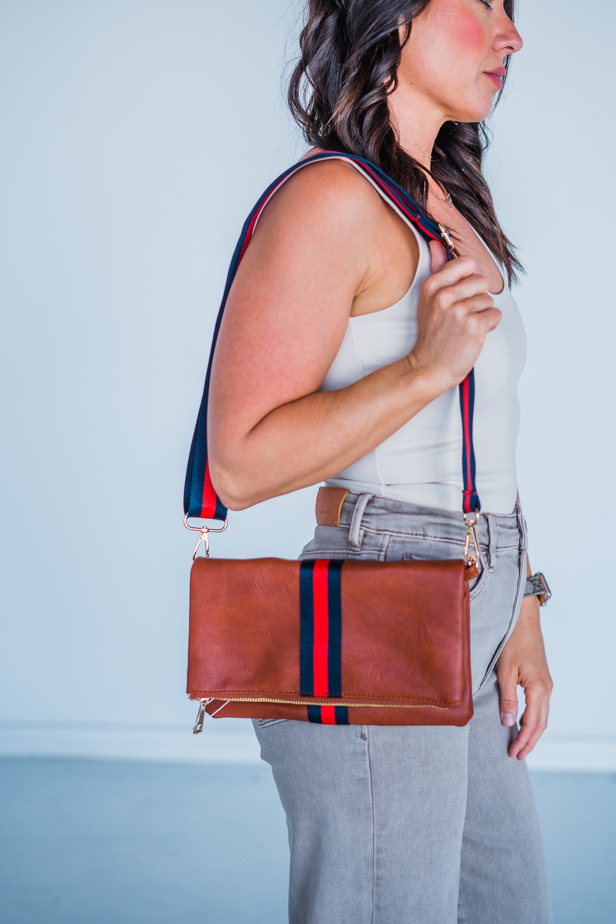 Cognac + Red/Navy Stripe Vegan Crossbody, Belt Bag + Clutch - Aspen Lane 