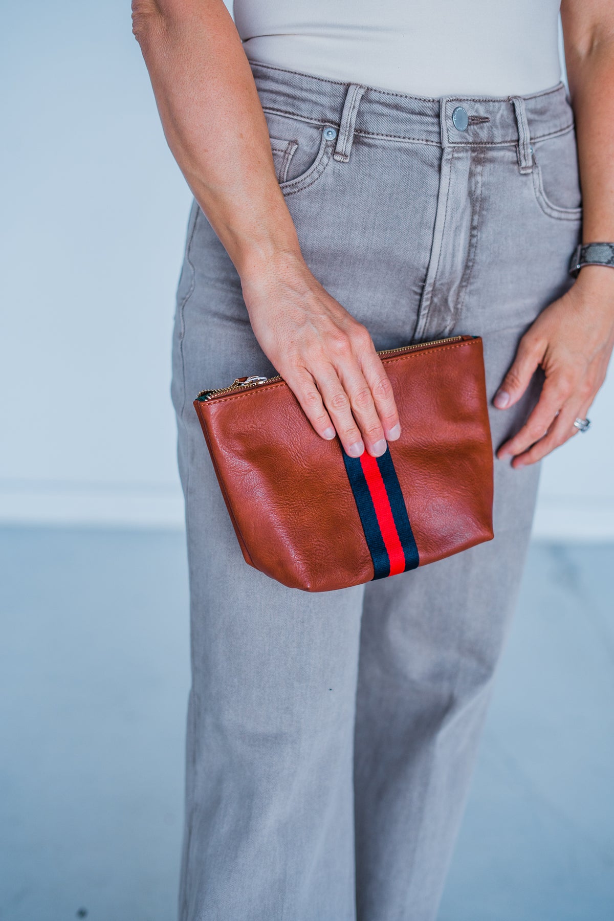Vegan Stripe Bag | Cognac w/ Red/Navy Stripe - Aspen Lane 