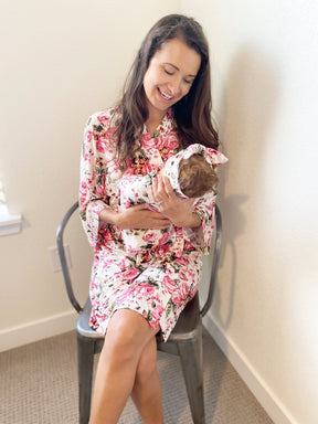 Garden Botanical Floral Maternity Robe & Matching Swaddle Set | 3-Piece - Aspen Lane 