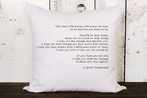Quote Pillow  // "It's Never too Late" |  F Scott Fitzgerald