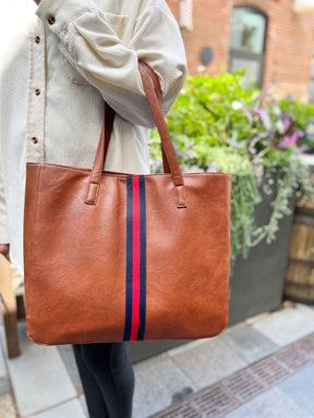 Cognac + Red/Navy Stripe Vegan Tote - Aspen Lane 