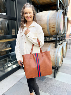 Cognac + Red/Navy Stripe Vegan Tote - Aspen Lane 